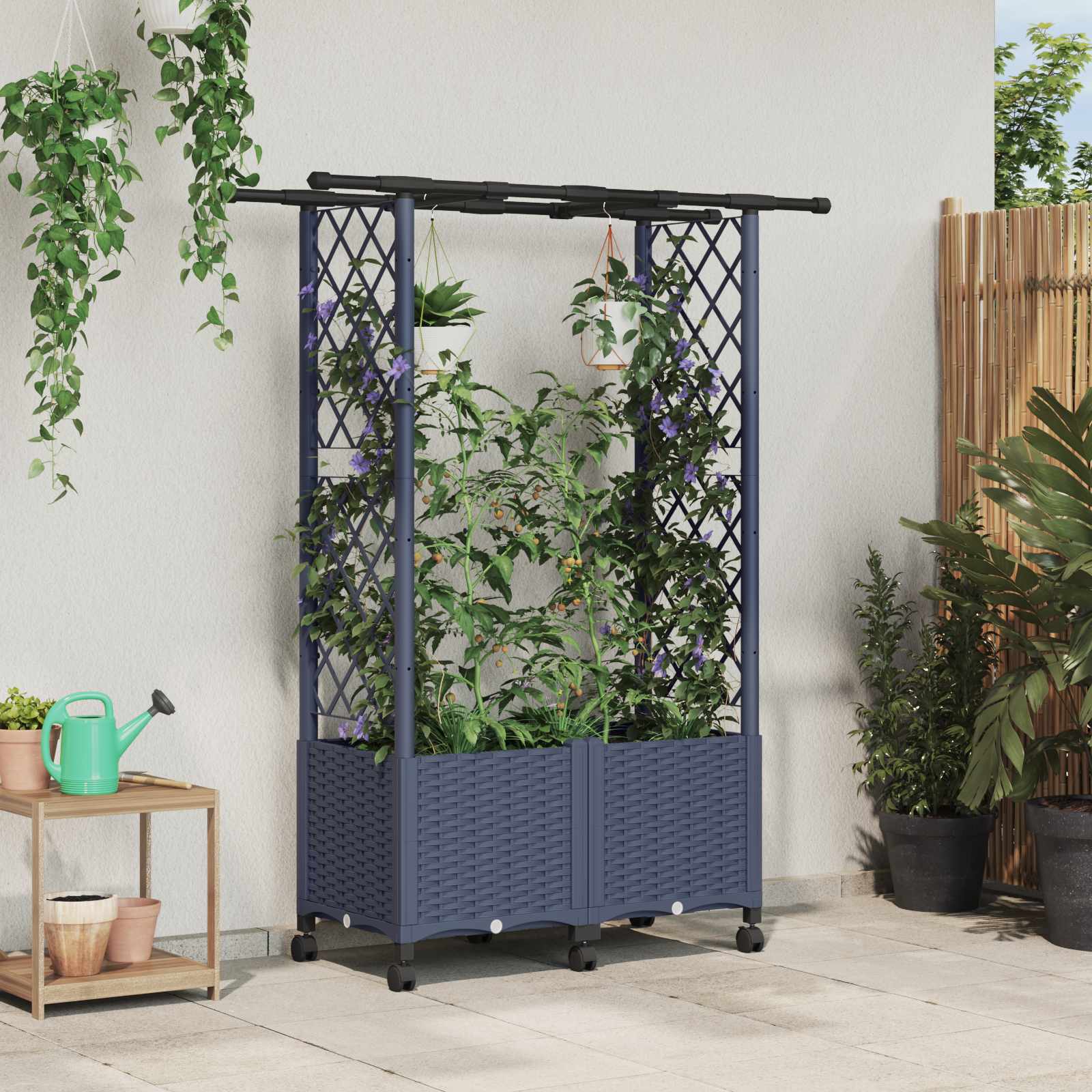 Verhoogd Bed met Trellis en Dak Grijs 124,5 x 40 x 142 cm PP – afbeelding 1