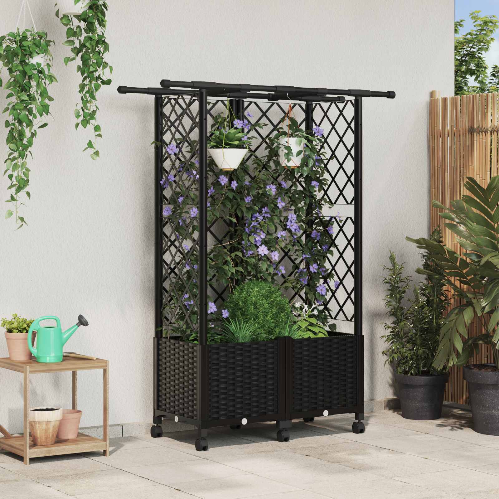 Verhoogd Bed met Trellis en Dak Zwart 124 x 40 x 142 cm PP – afbeelding 1