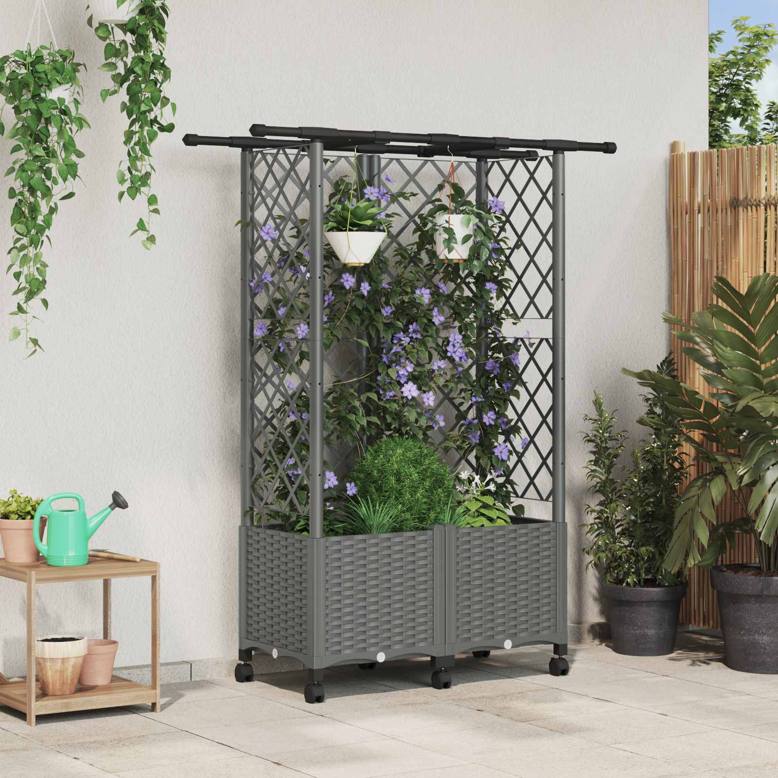 Verhoogd Bed met Trellis en Dak Lichtgrijs 124 x 40 x 142 cm PP – afbeelding 1
