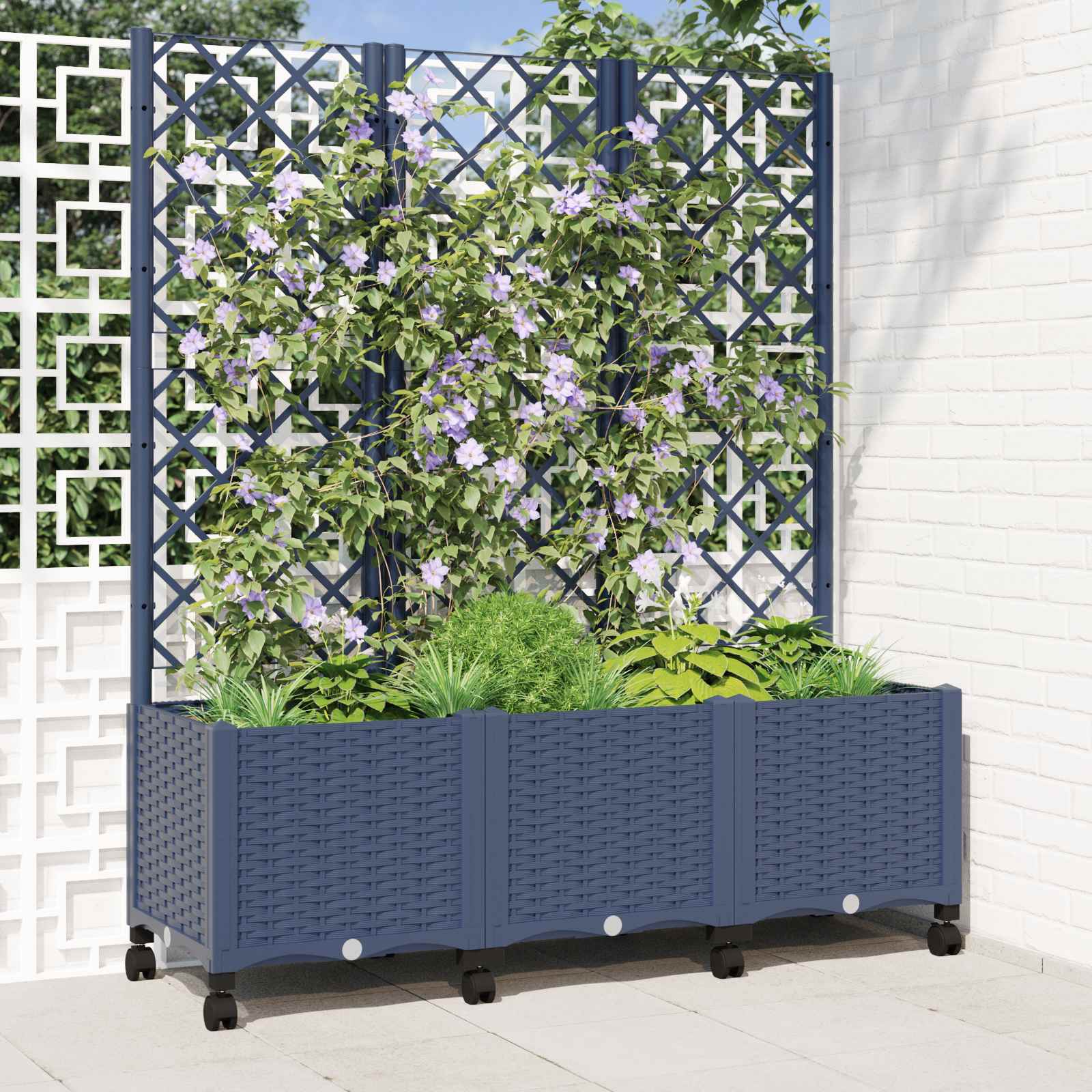 Tuinplantbak met schutting en wielen Blauw Grijs PP