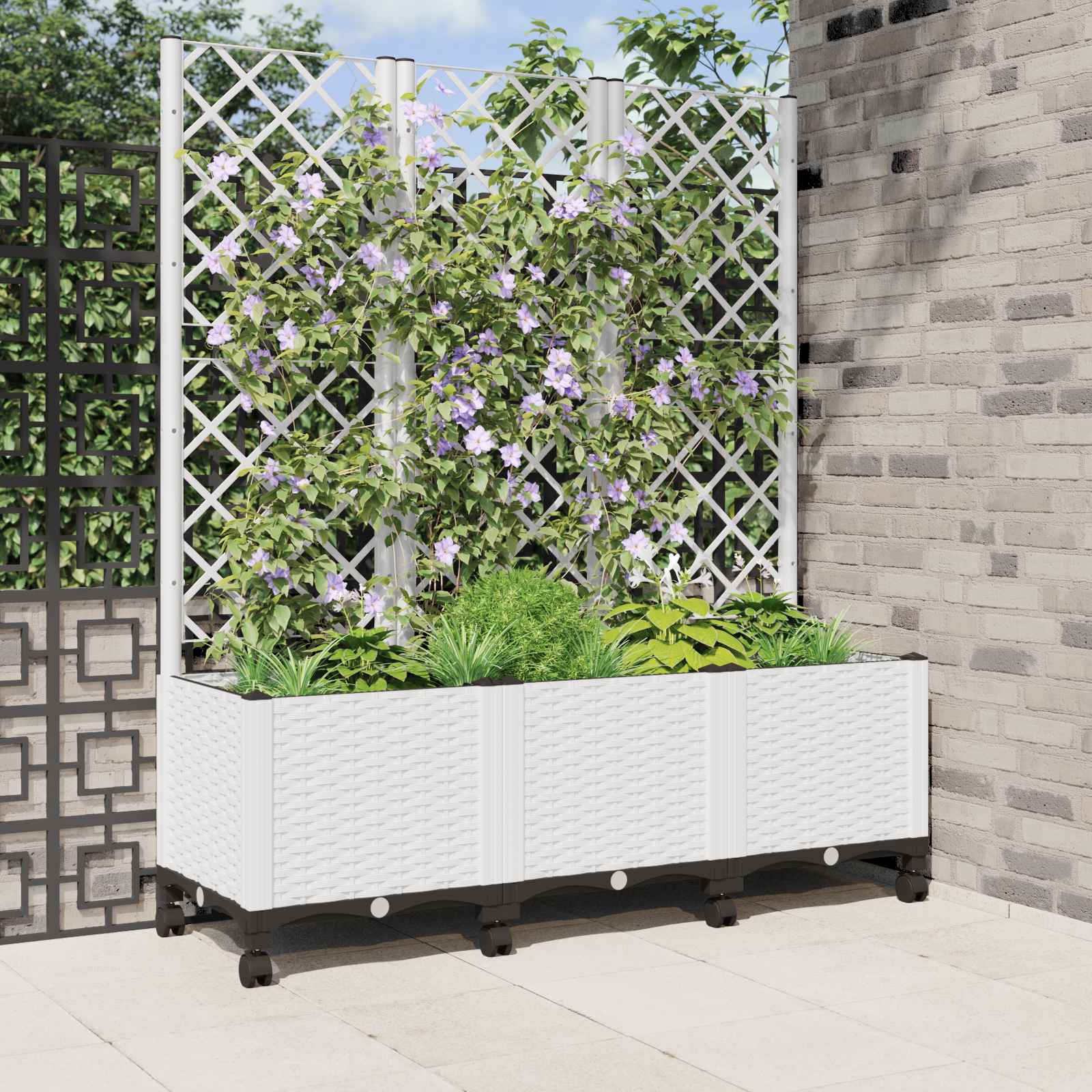 Tuinplantbak met schutting en wielen Wit 120 x 40 x 146 cm PP