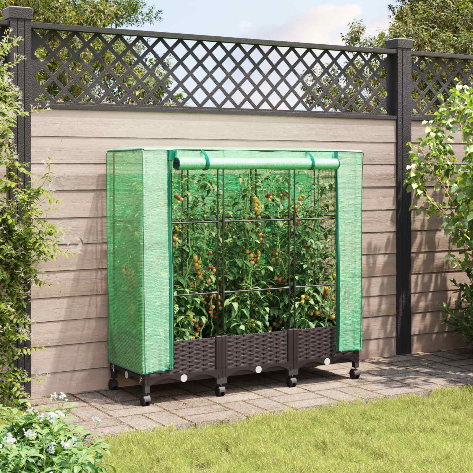 Tuinplantenbak met Kasbedekking en Wielen 3 st Bruin PP