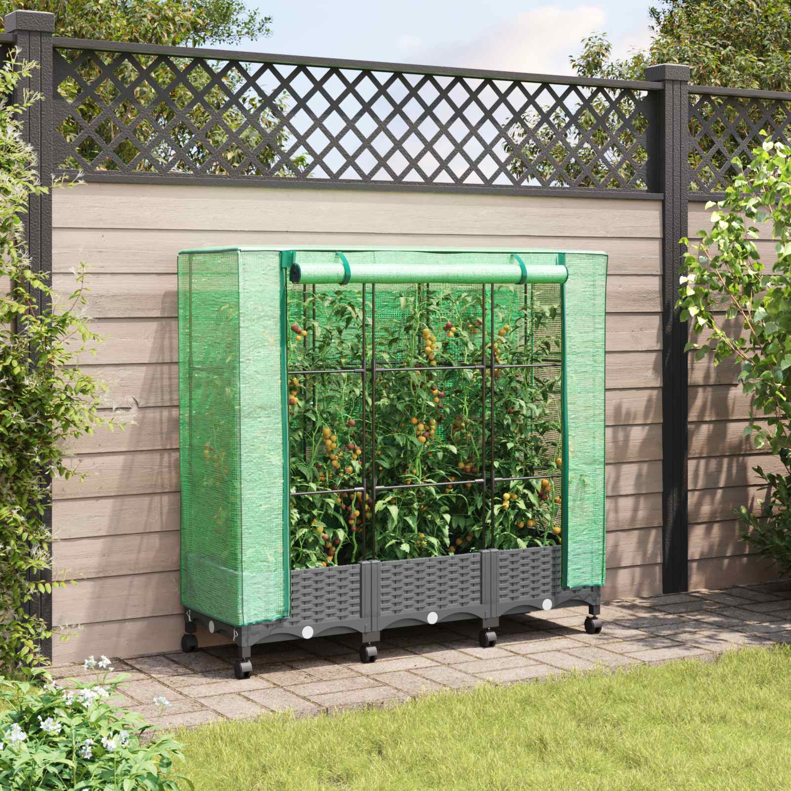 Tuinplantenbak met Kasbedekking en Wielen 3 st Lichtgrijs PP