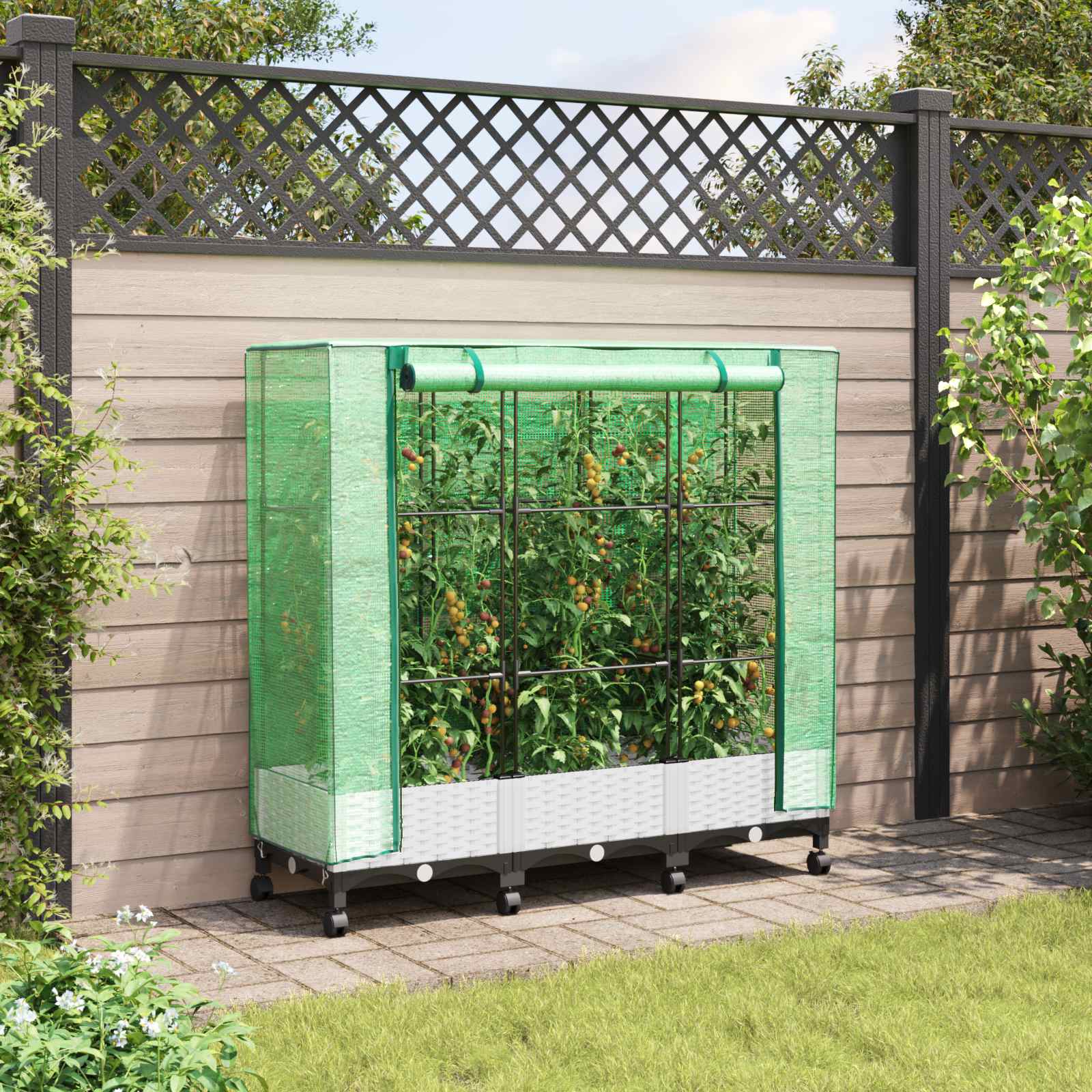 Tuinplantenbak met Kasbedekking en Wielen 3 st Wit PP