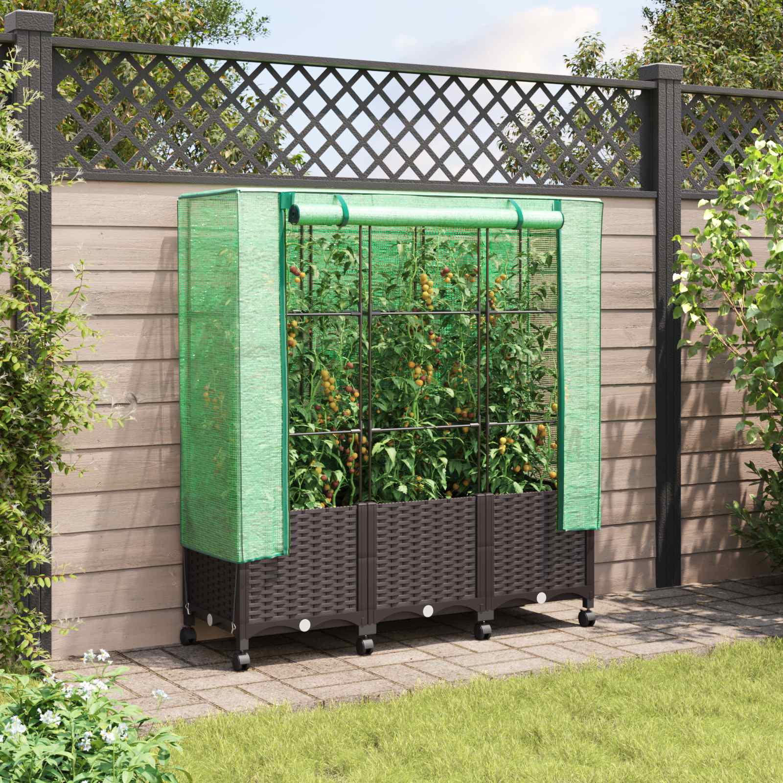 Tuinplantenbak met Kasbedekking en Wielen 3 st Bruin PP