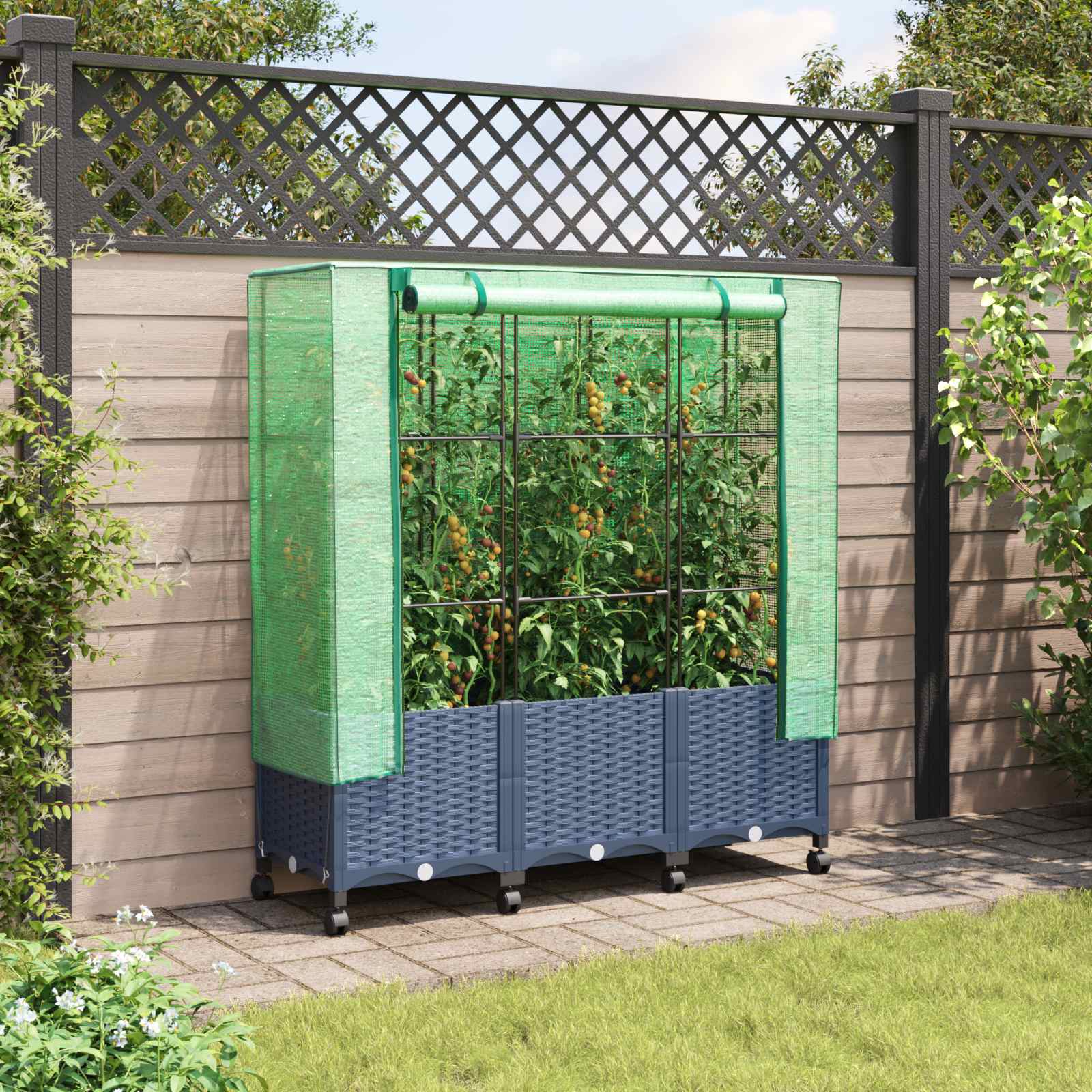 Tuinplantenbak met Kasbedekking en Wielen 3 st Blauw Grijs PP