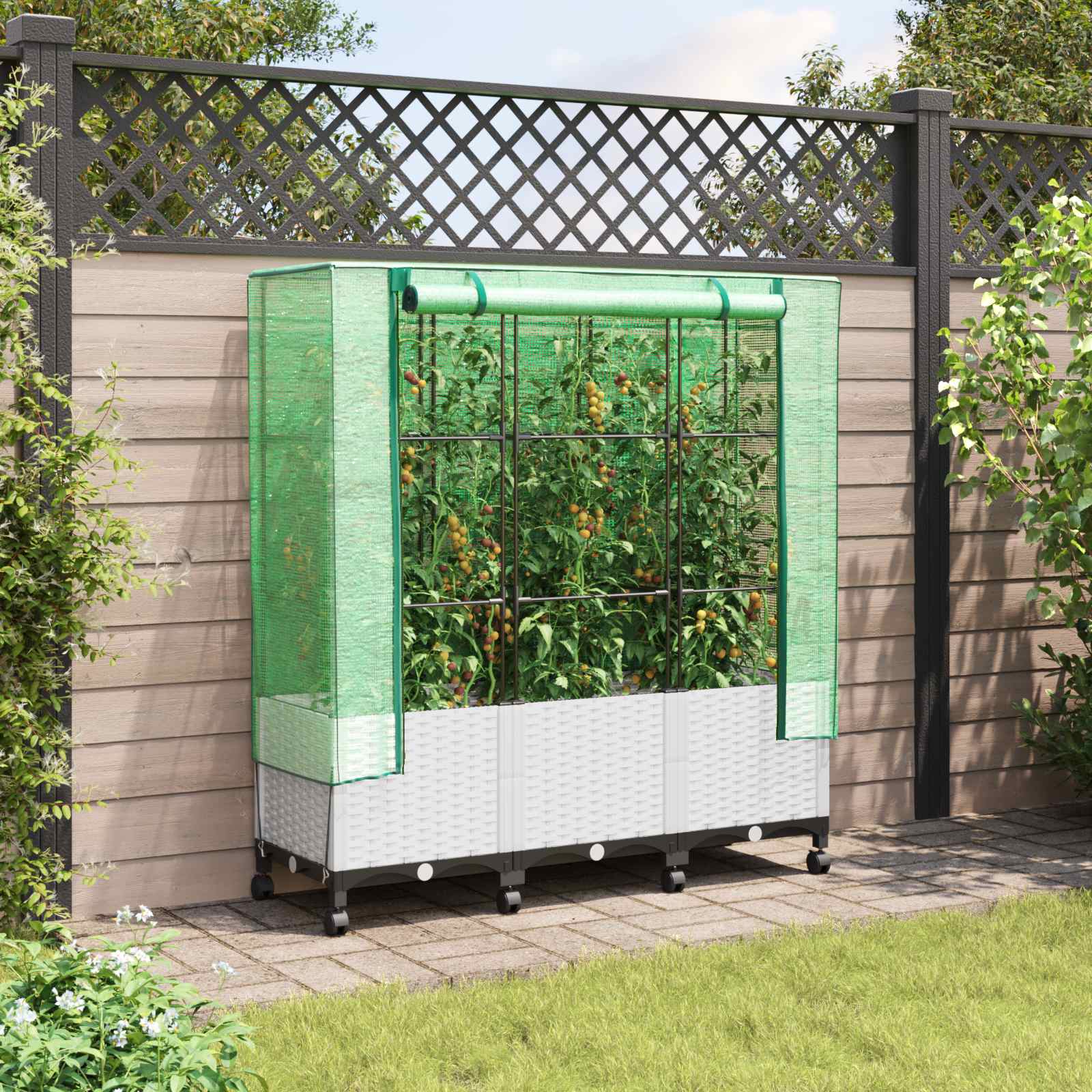 Tuinplantenbak met Kasbedekking en Wielen 3 st Wit PP – afbeelding 1