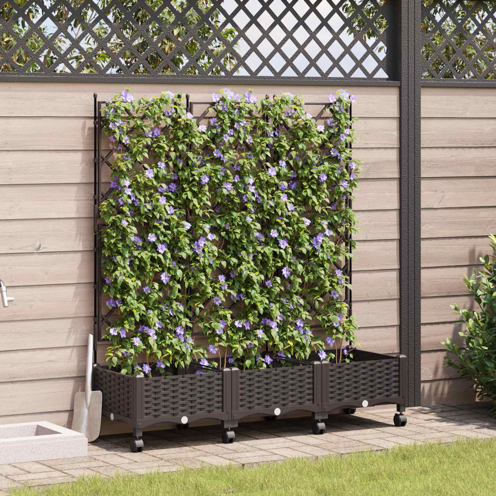 Tuinplantbak met schutting en wielen 3 st Bruin PP – afbeelding 1