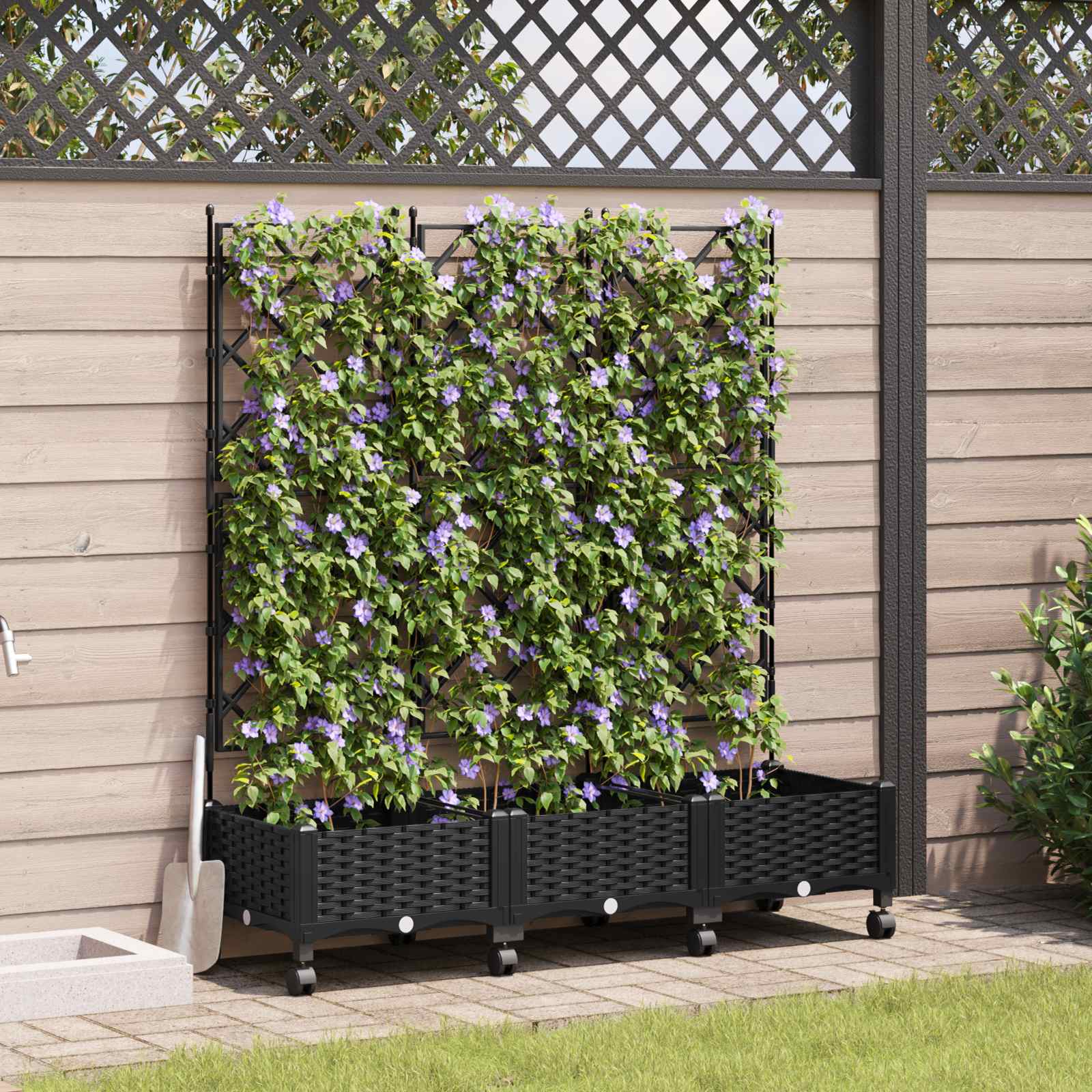Tuinplantbak met schutting en wielen 3 st Zwart PP