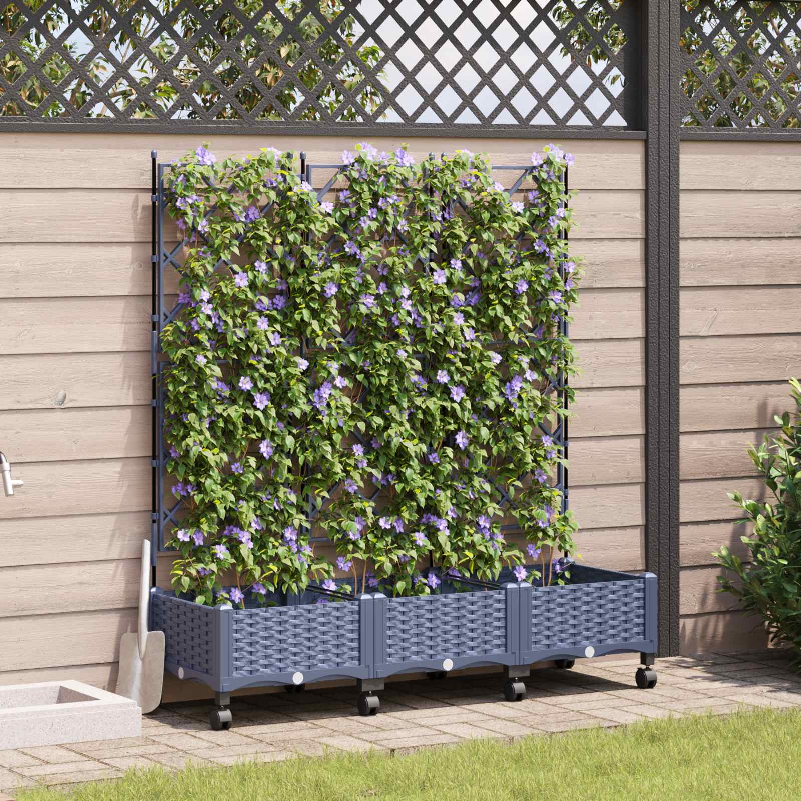 Tuinplantbak met schutting en wielen 3 st Grijs PP