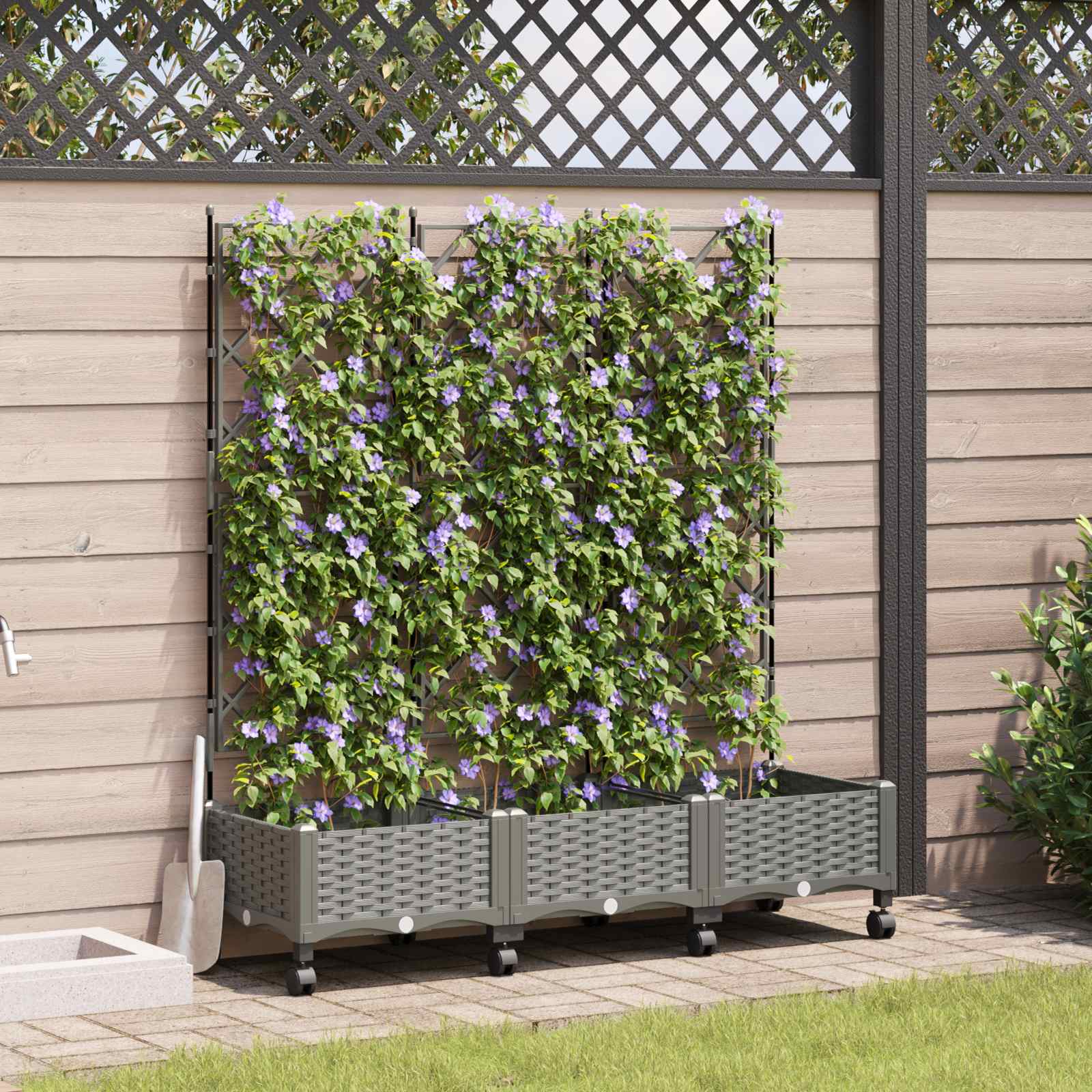 Tuinplantbak met schutting en wielen 3 st Lichtgrijs PP