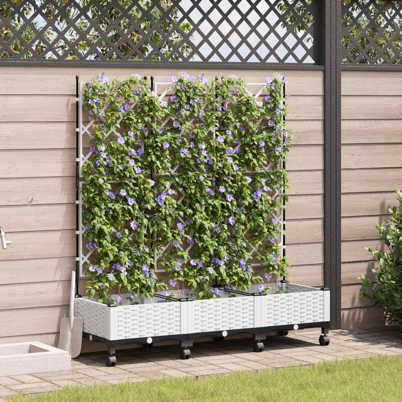Tuinplantbak met schutting en wielen 3 st Wit PP