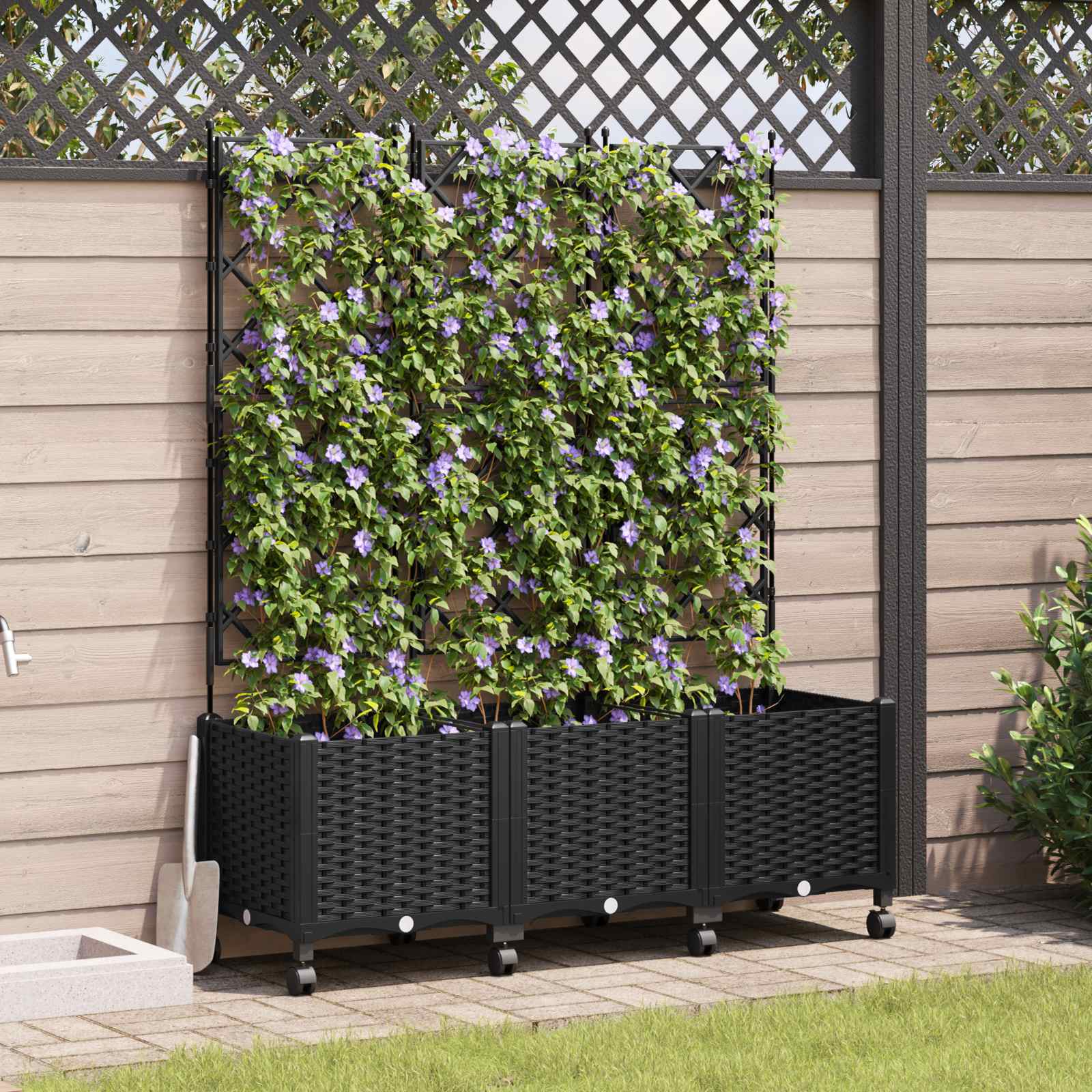 Tuinplantbak met schutting en wielen 3 st Zwart PP
