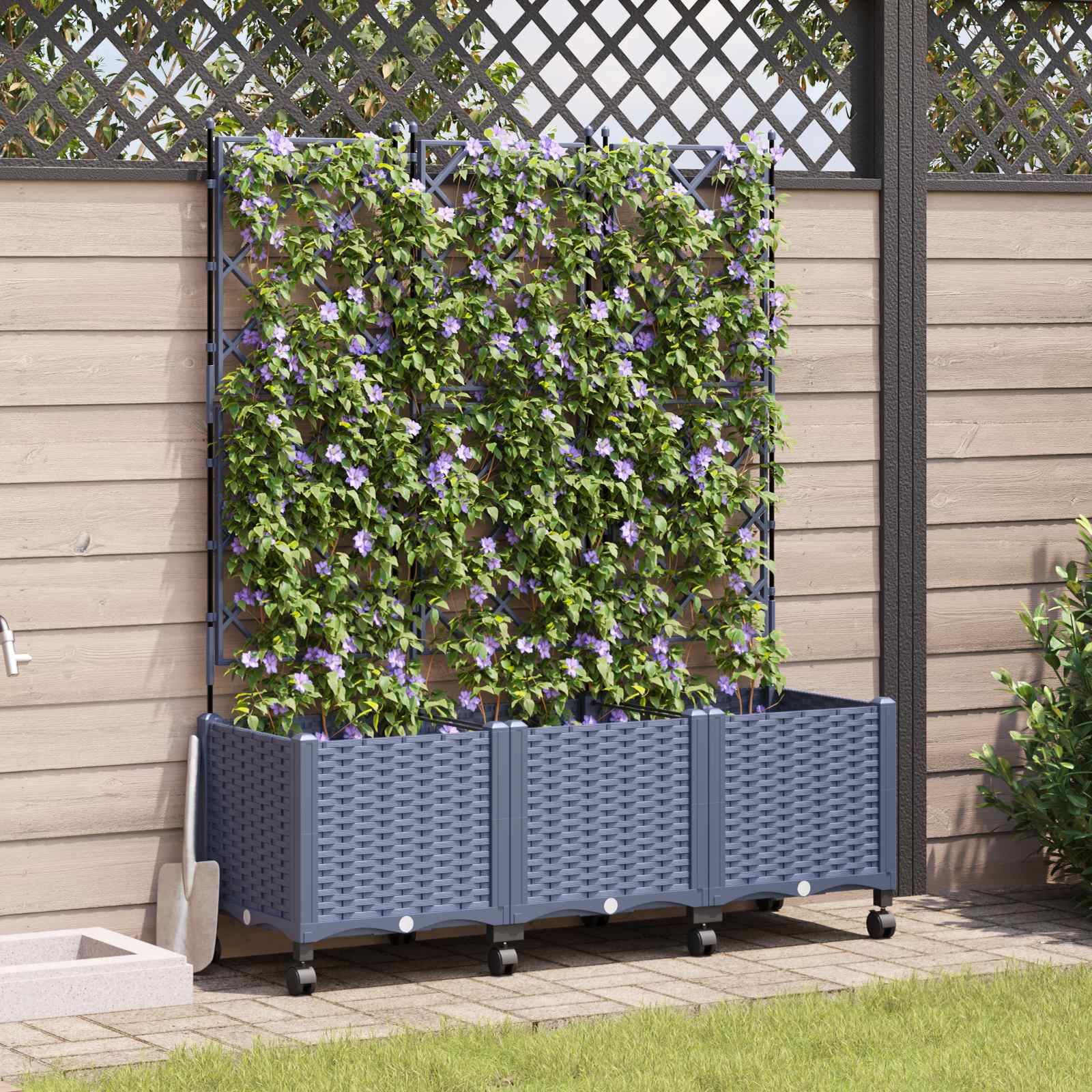 Tuinplantbak met schutting en wielen 3 st Grijs PP