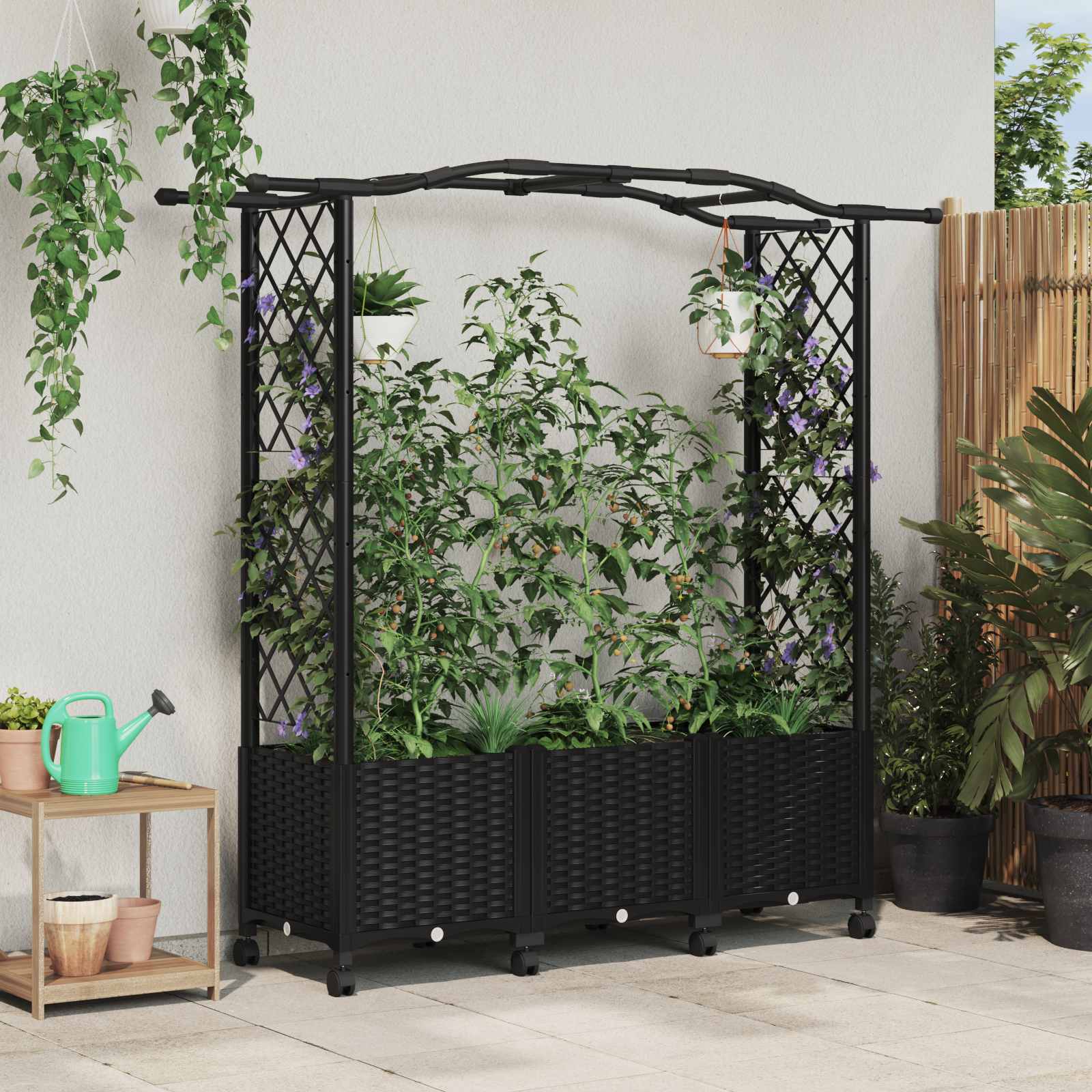 Verhoogd Bed met Trellis en Dak Zwart 164 x 40 x 144 cm PP – afbeelding 1