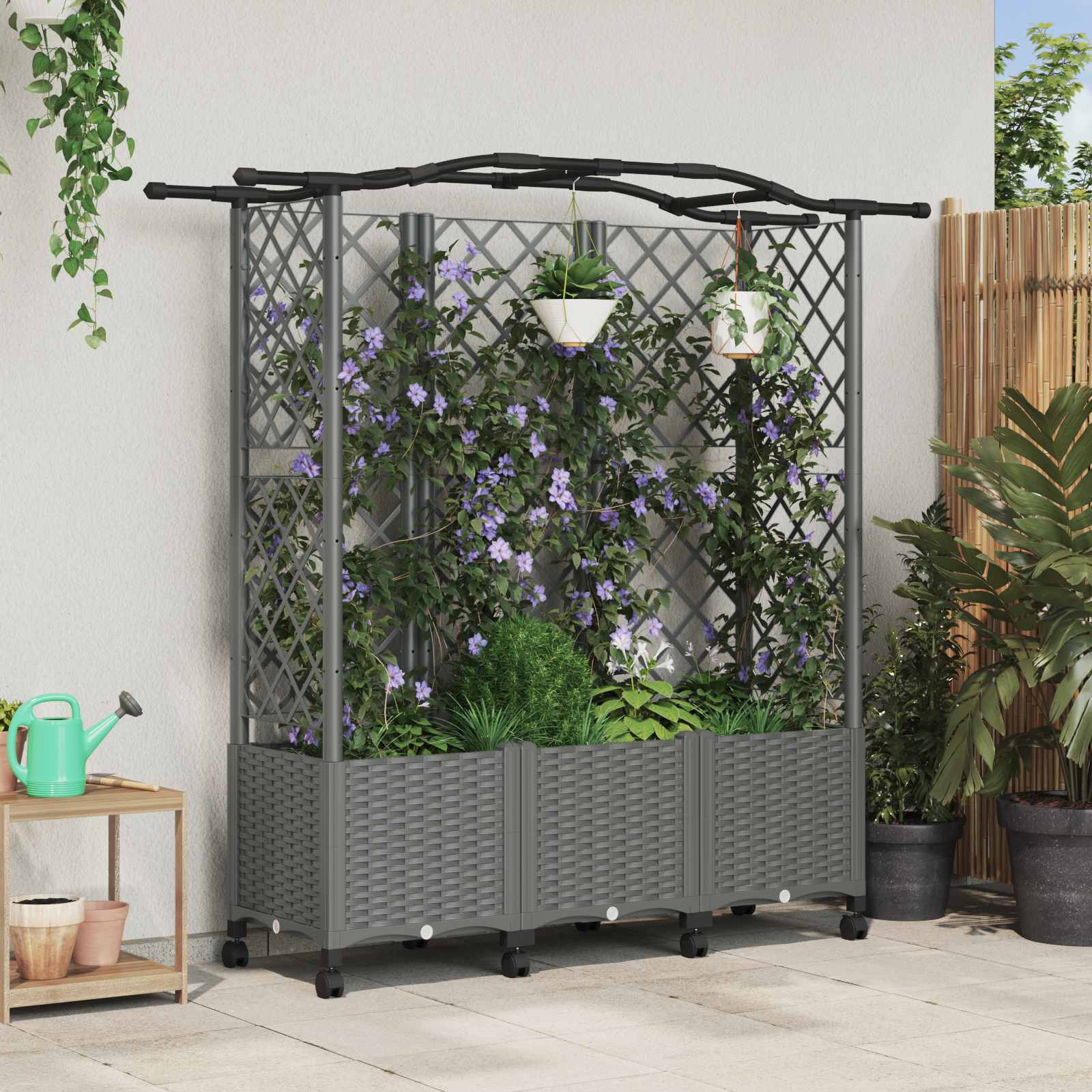 Verhoogd Bed met Trellis en Dak Lichtgrijs 163 x 40 x 144 cm PP – afbeelding 1