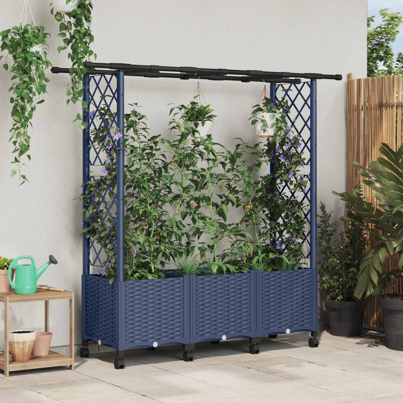 Verhoogd Bed met Trellis en Dak Grijs 162,5 x 40 x 142 cm PP – afbeelding 1