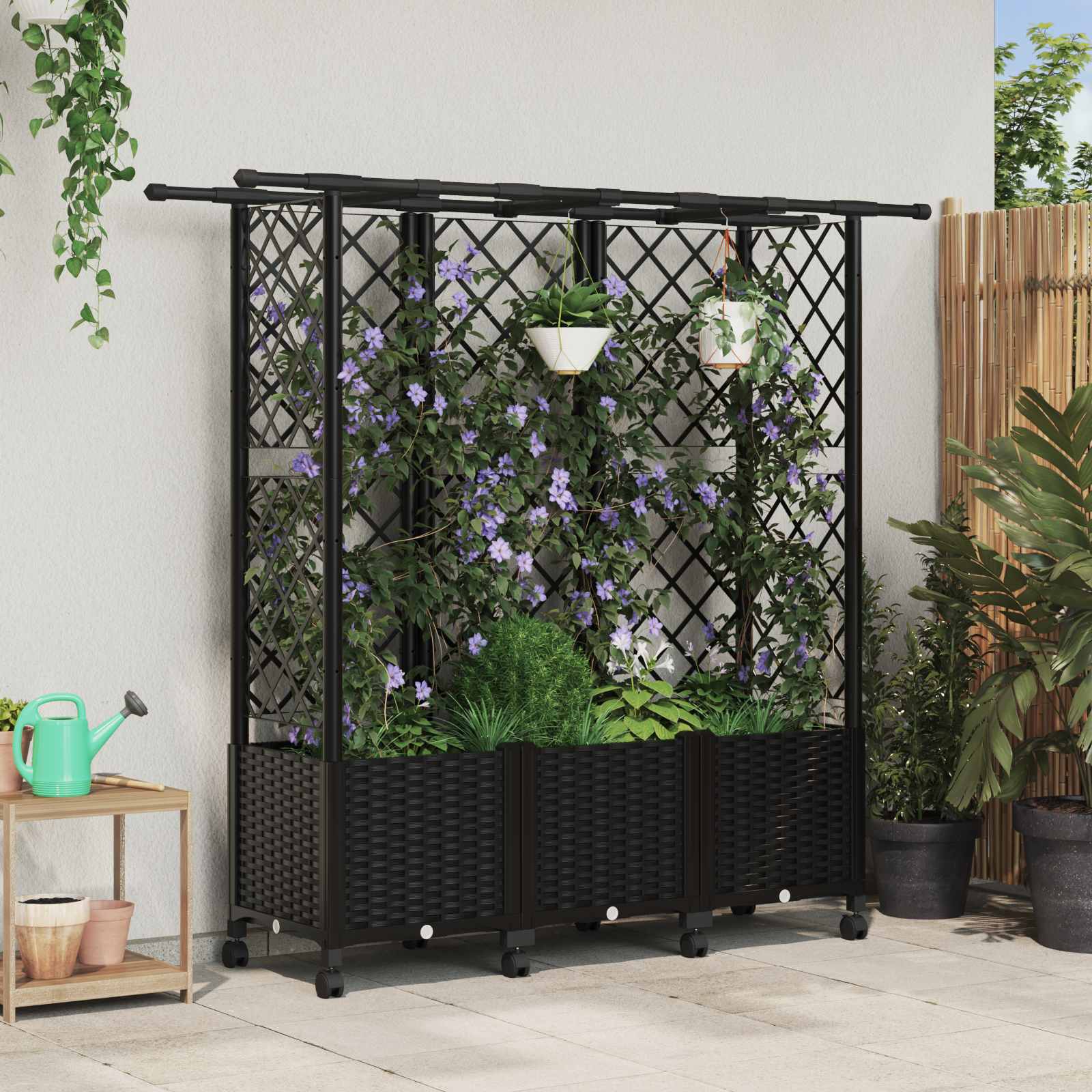 Verhoogd Bed met Trellis en Dak Zwart 163,5 x 40 x 142 cm PP – afbeelding 1