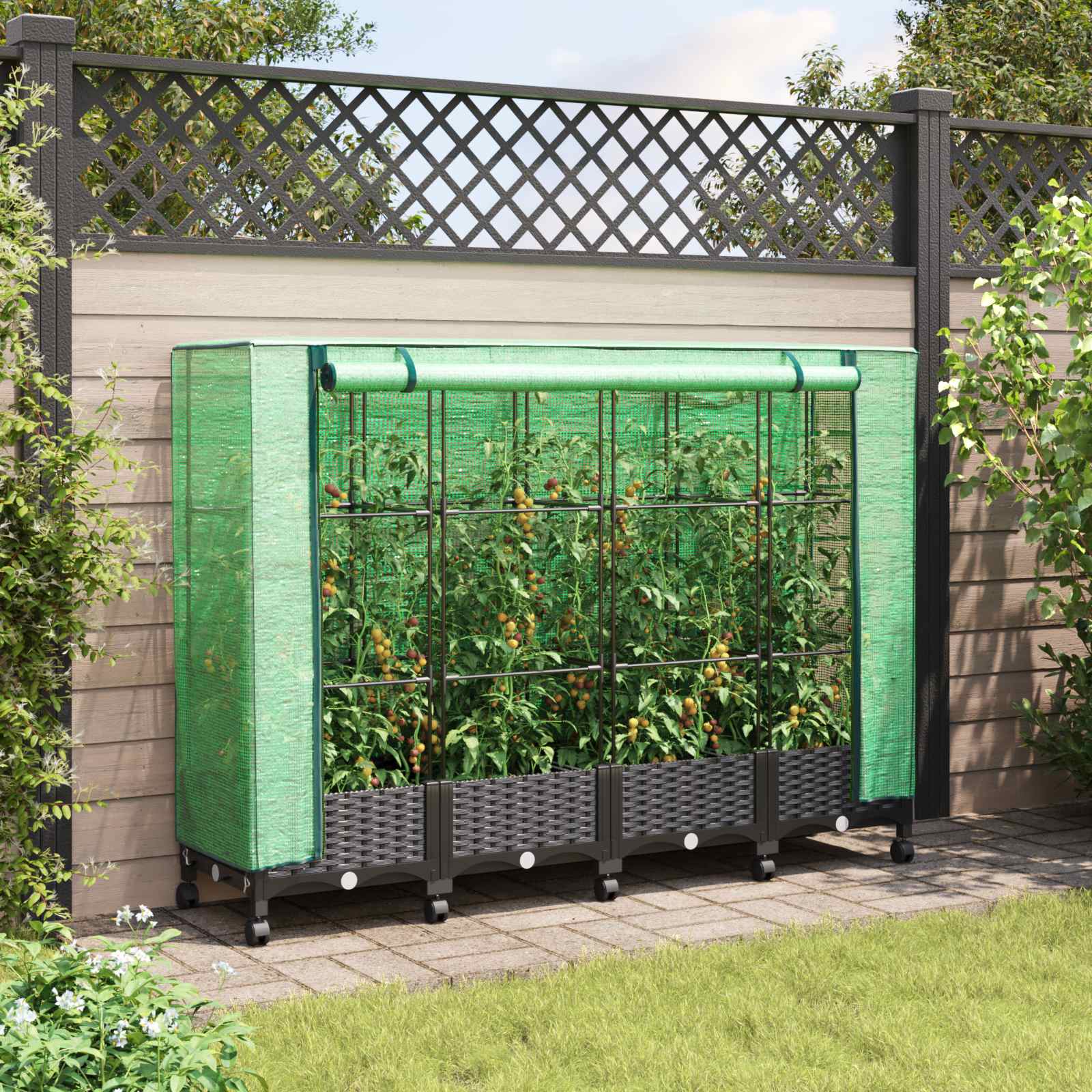 Tuinplantenbak met Kasbedekking en Wielen 4 st Bruin PP