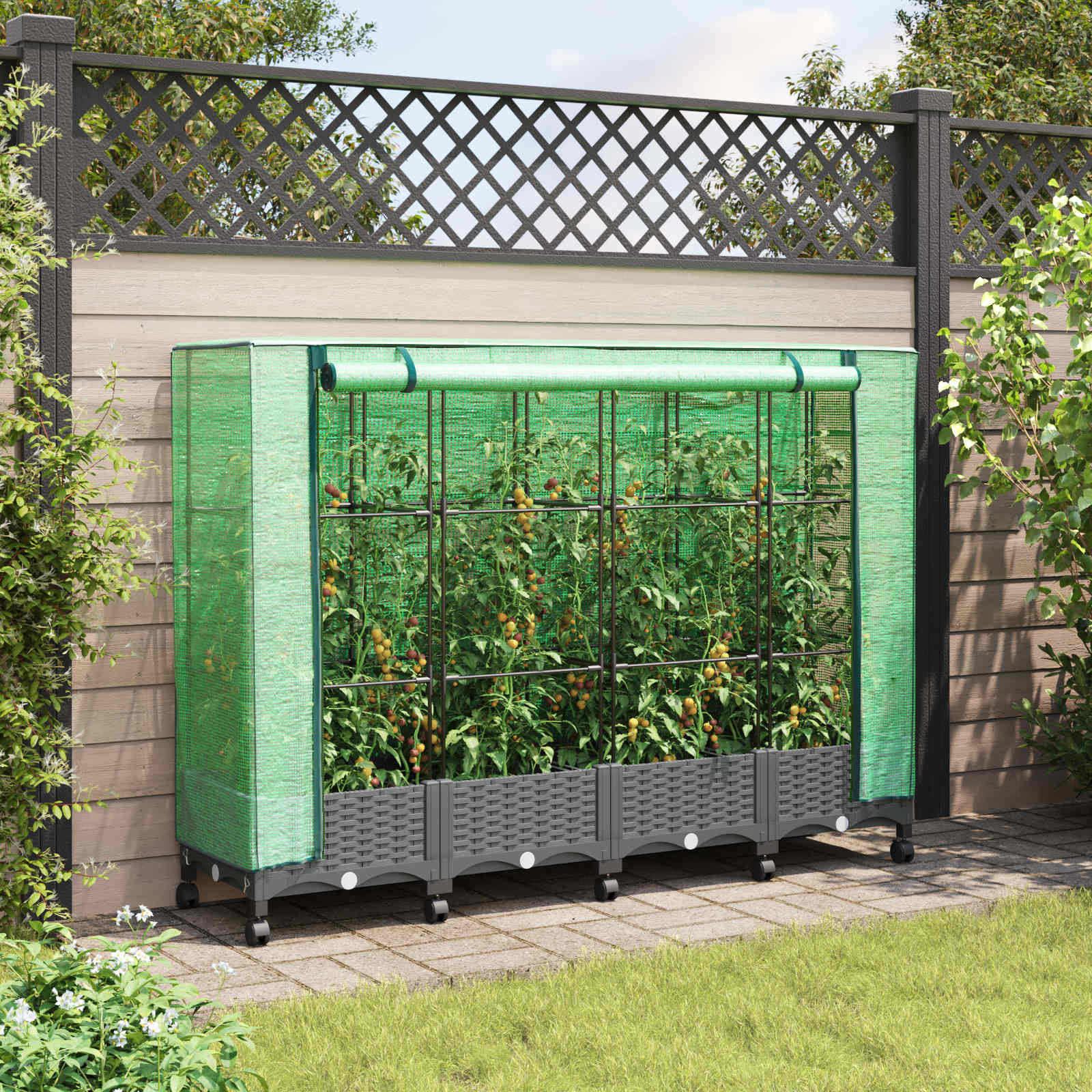 Tuinplantenbak met Kasbedekking en Wielen 4 st Lichtgrijs PP