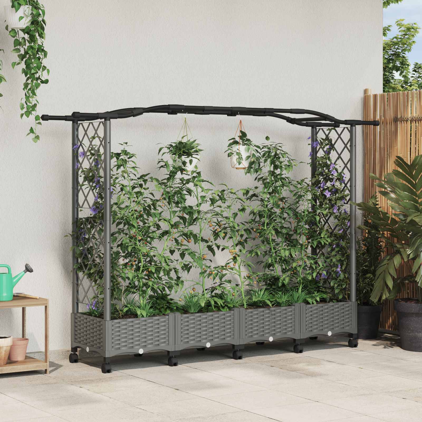 Verhoogd Bed met Trellis en Dak Lichtgrijs 207 x 40 x 129 cm PP – afbeelding 1