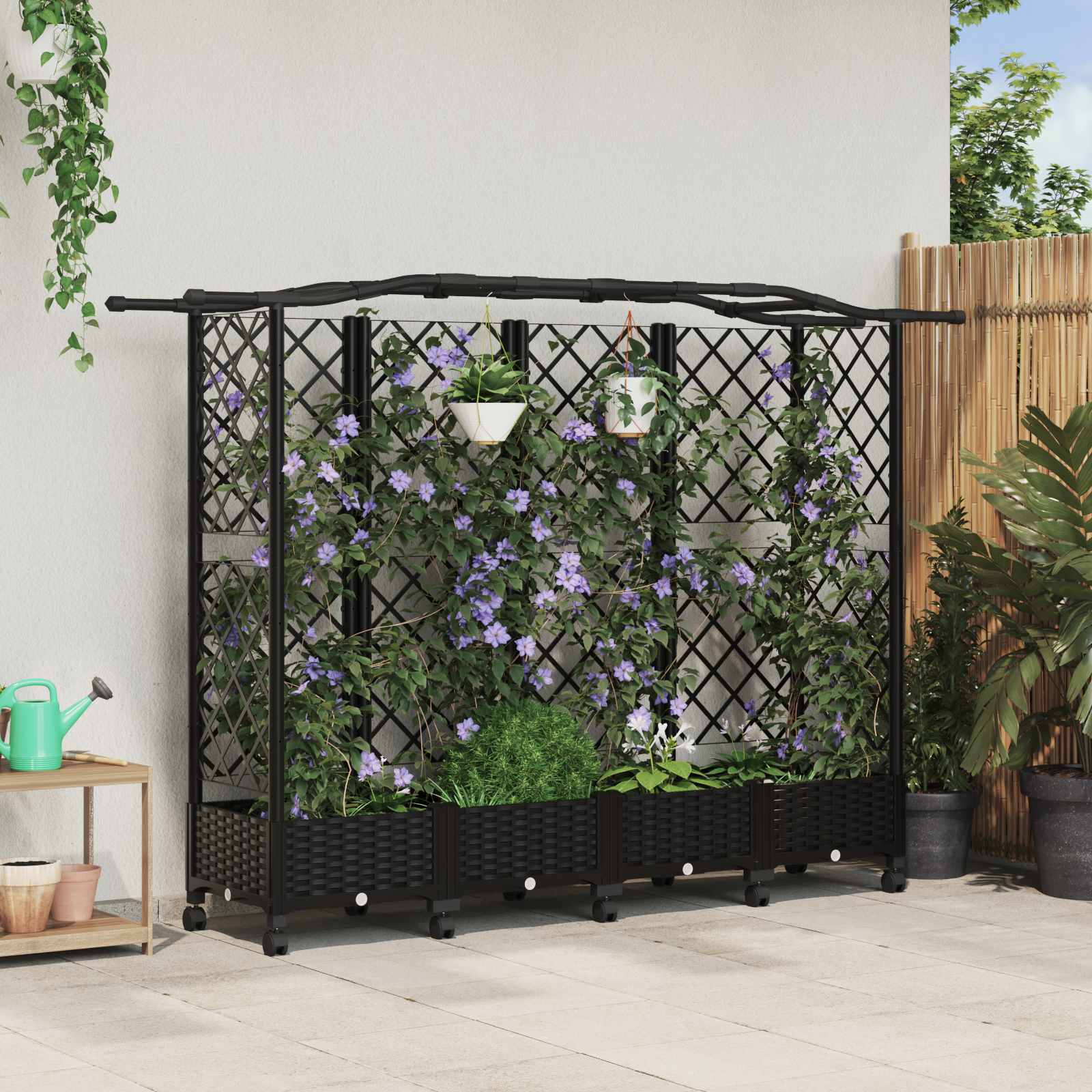 Verhoogd Bed met Trellis en Dak Zwart 203,5 x 40 x 129 cm PP