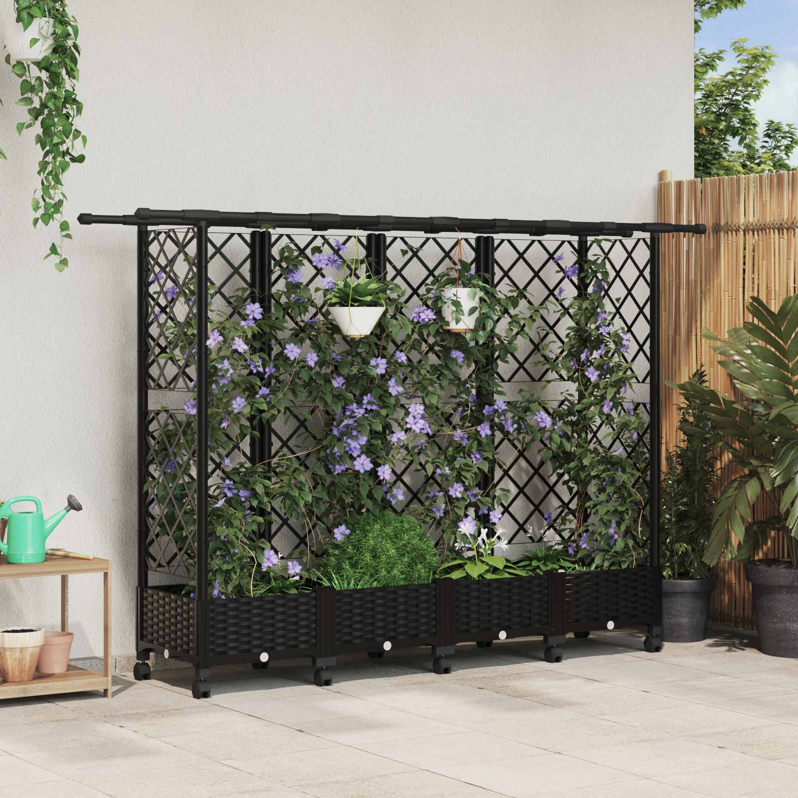 Verhoogd Bed met Trellis en Dak Zwart 202,5 x 40 x 127 cm PP – afbeelding 1