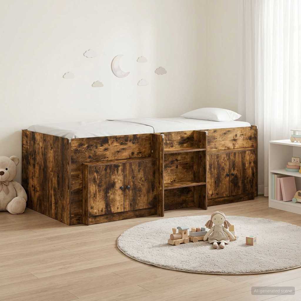 Loft Bed Frame met Kast 3 st Gerookt eiken Bewerkt hout – afbeelding 1