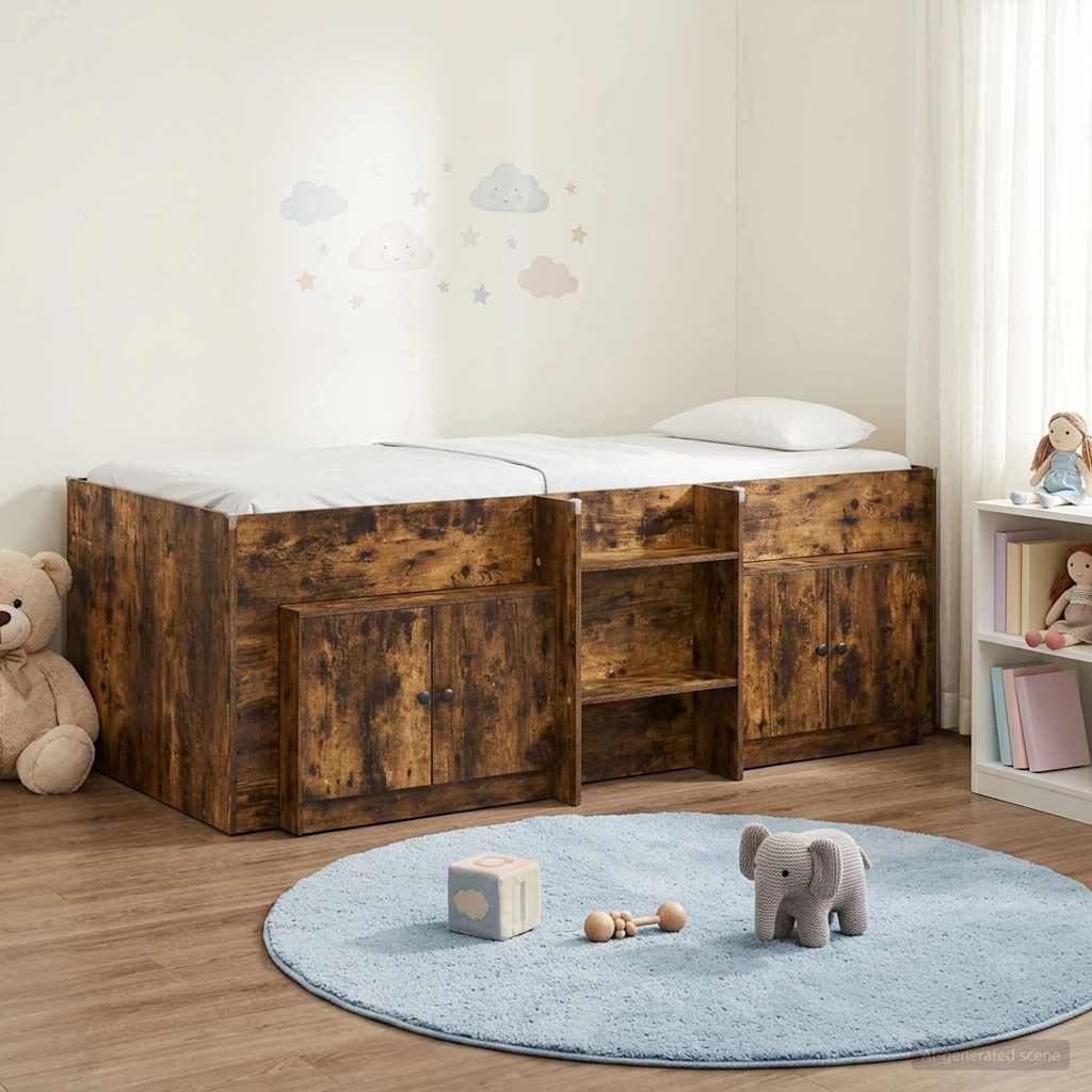 Loft Bed Frame met Kast 3 pcs Gerookt eiken Bewerkt hout – afbeelding 1