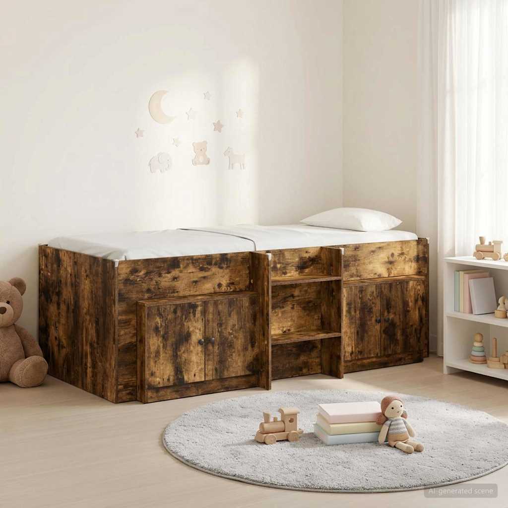 Loft Bed Frame met Kast 3 pcs Gerookt eiken Bewerkt hout – afbeelding 1