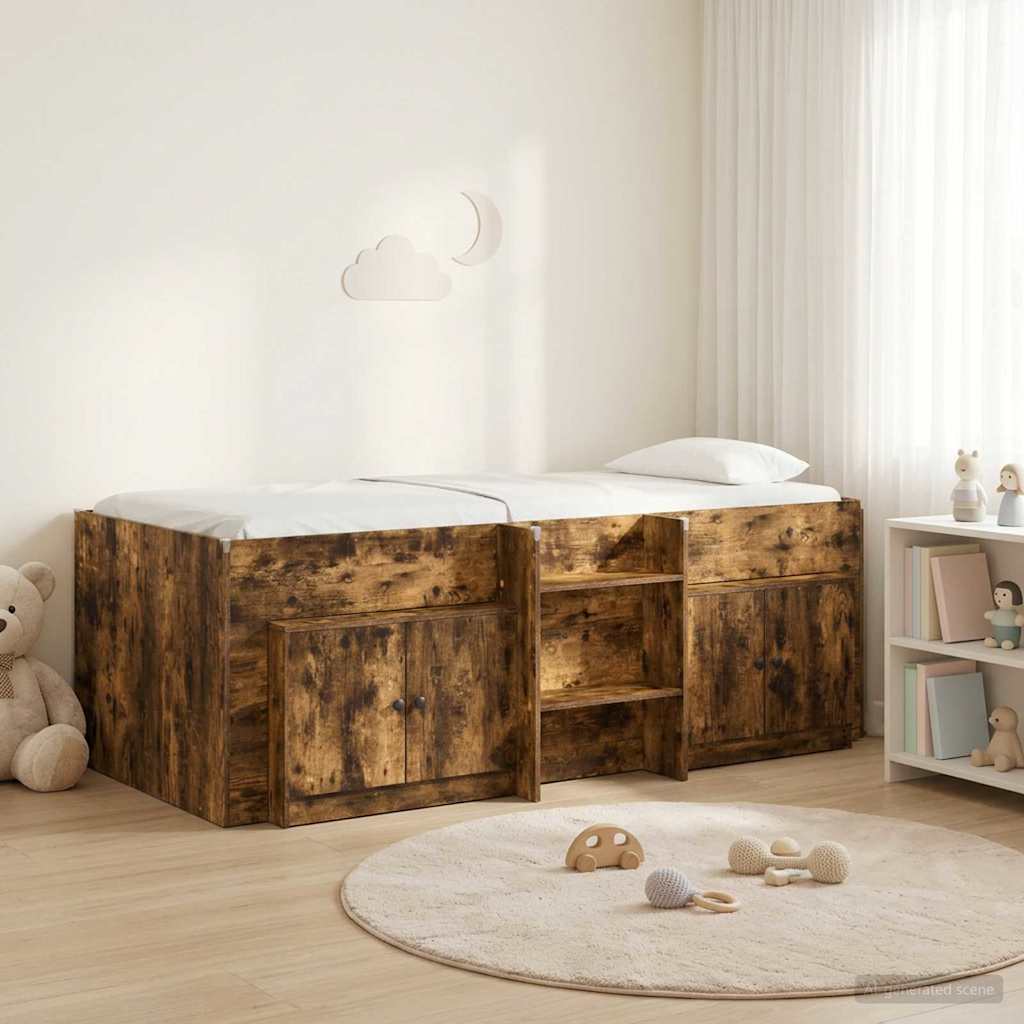 Loft Bed Frame met Kast 3 st Gerookt eiken Bewerkt hout – afbeelding 1