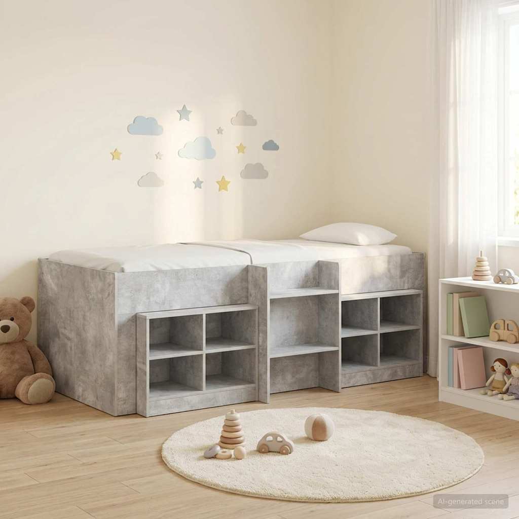 Loft Bed Frame met Kast met plank 3 st Betongrijs Bewerkt hout – afbeelding 1