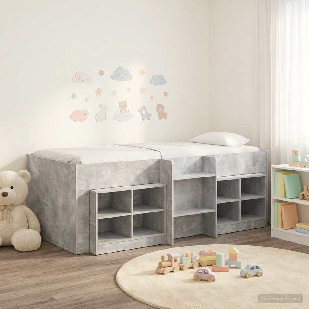 Loft Bed Frame met Kast met plank 3 st Betongrijs Bewerkt hout – afbeelding 1