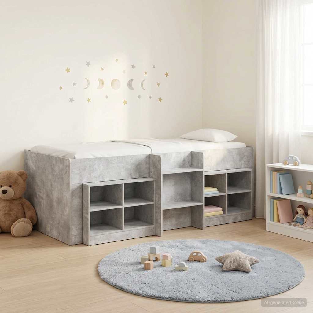 Loft Bed Frame met Kast met plank 3 st Betongrijs Bewerkt hout – afbeelding 1