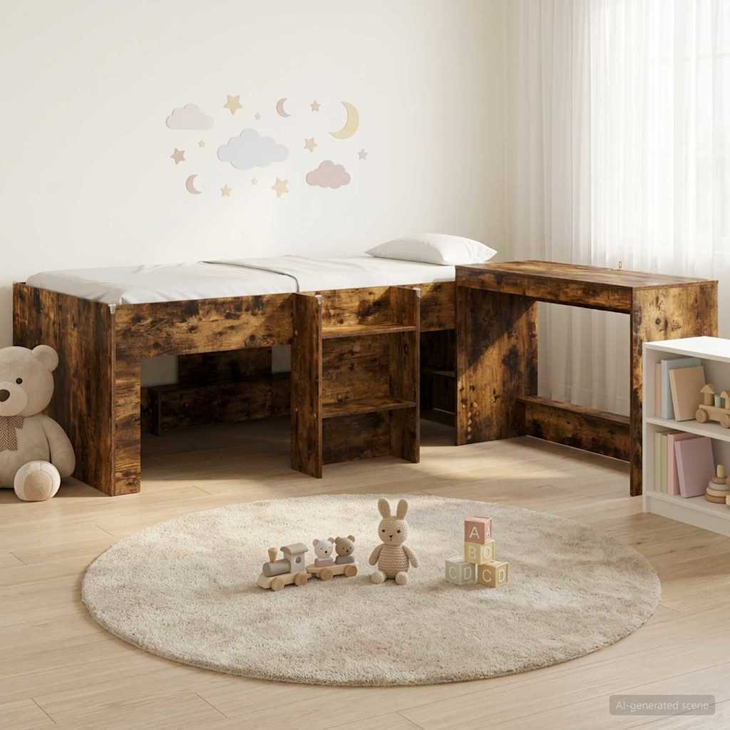 Hoge Bed Frame met Bureau voor Kinderen 2 st Gerookt eiken – afbeelding 1