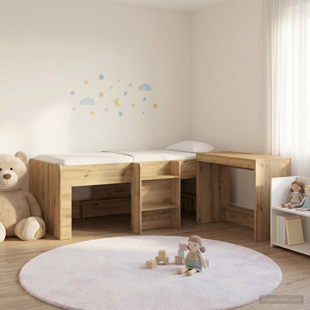 Bedframe met Bureau 2 st Artisanaal eiken Bewerkt hout – afbeelding 1