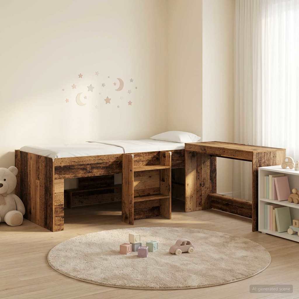 Hoge Bed Frame met Bureau voor Kinderen 2 st Oud hout – afbeelding 1