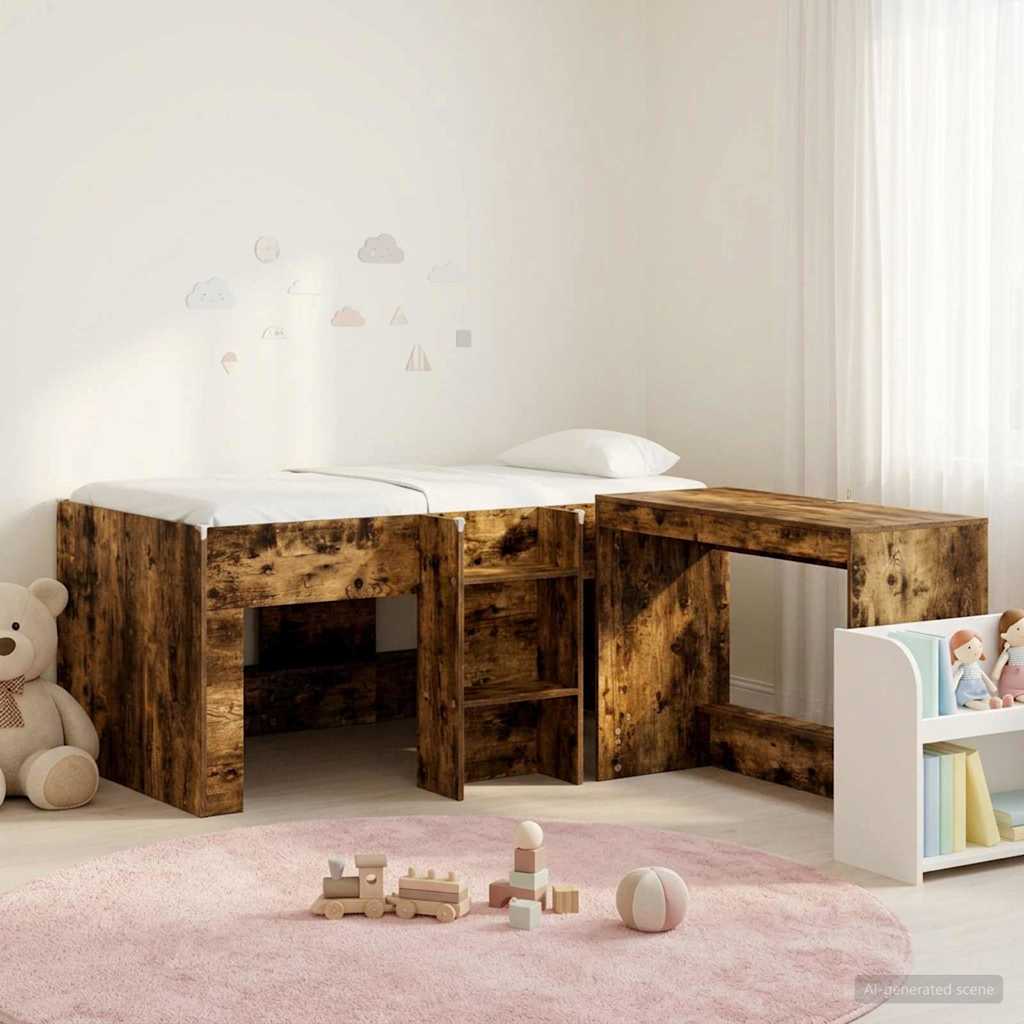 Hoge Bed Frame met Bureau voor Kinderen 2 st Gerookt eiken – afbeelding 1