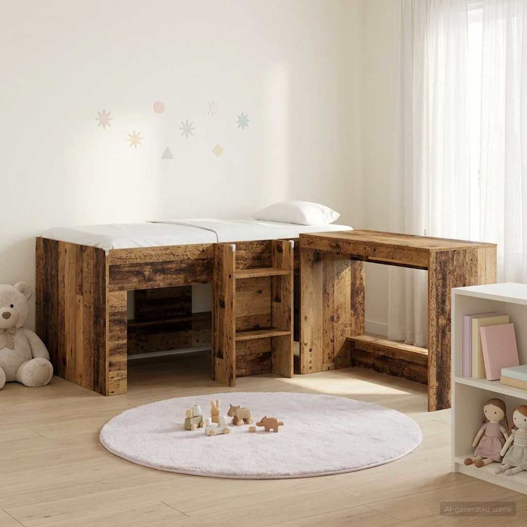 Hoge Bed Frame met Bureau voor Kinderen 2 st Oud hout – afbeelding 1