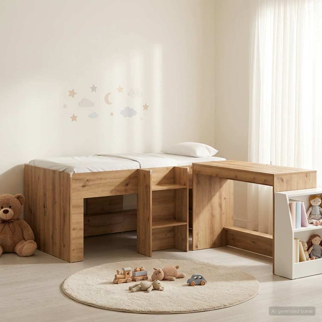 Hoge Bed Frame met Bureau voor Kinderen 2 st Artisanaal eiken – afbeelding 1