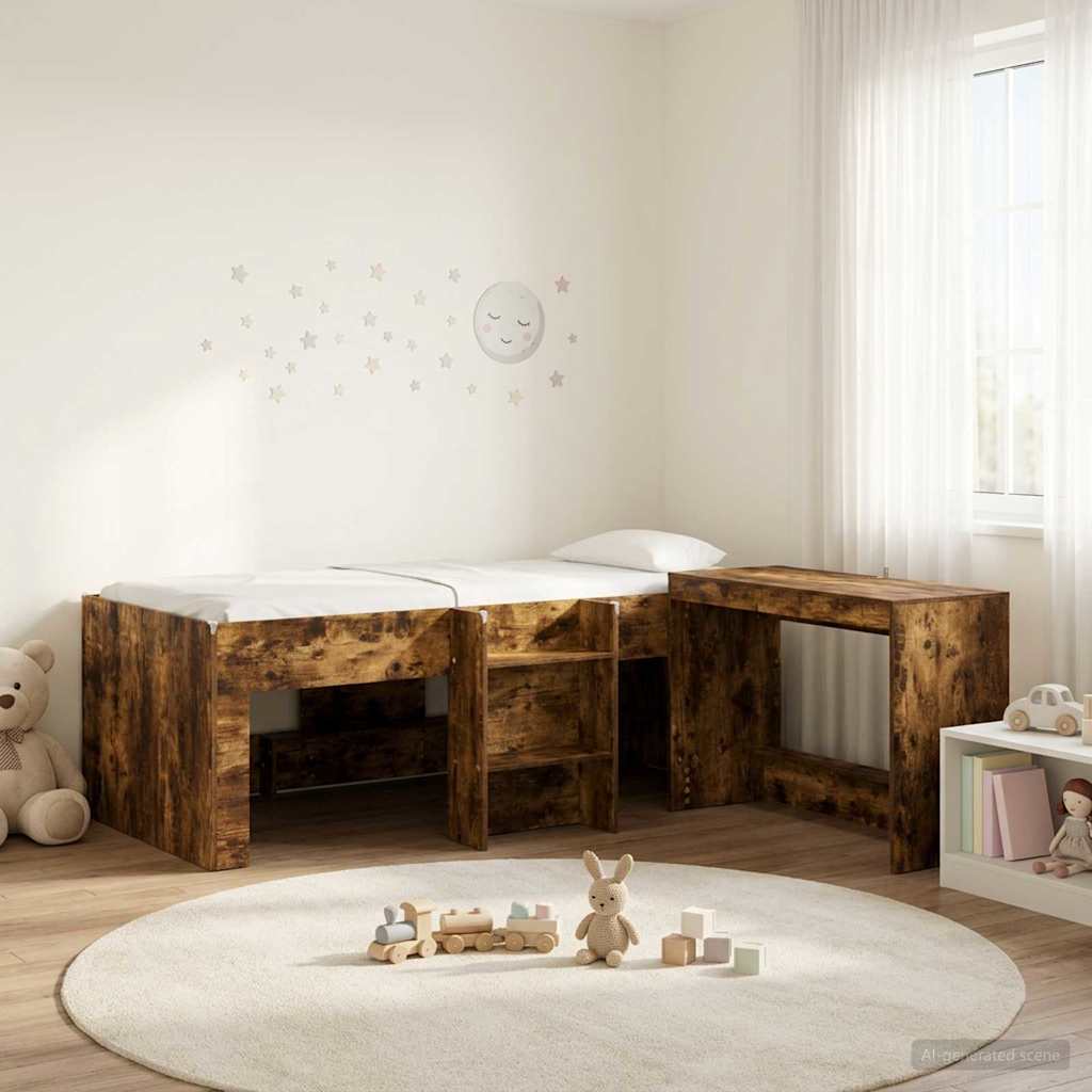 Hoge Bed Frame met Bureau voor Kinderen 2 st Gerookt eiken – afbeelding 1