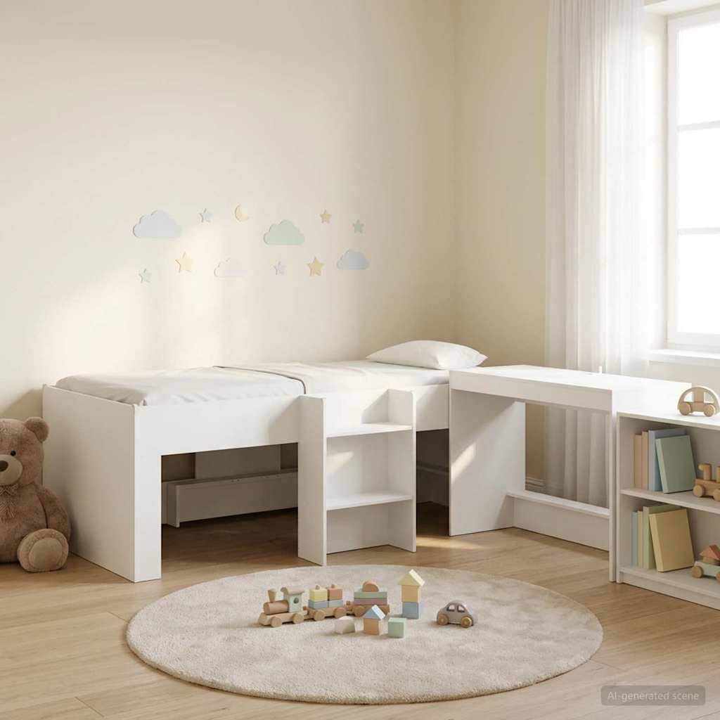 Hoge Bed Frame met Bureau voor Kinderen 2 st Wit Bewerkt hout – afbeelding 1