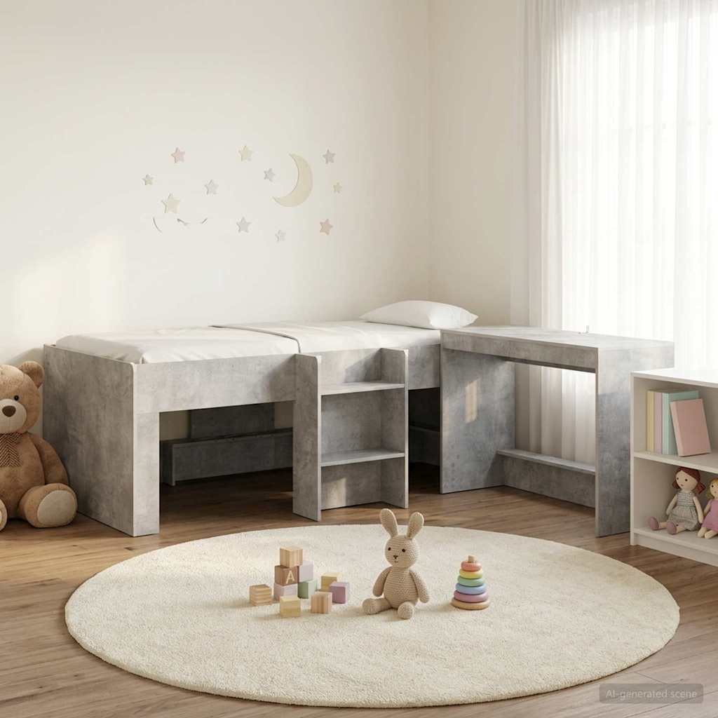 Hoge Bed Frame met Bureau voor Kinderen Betongrijs 75 x 190 cm – afbeelding 1