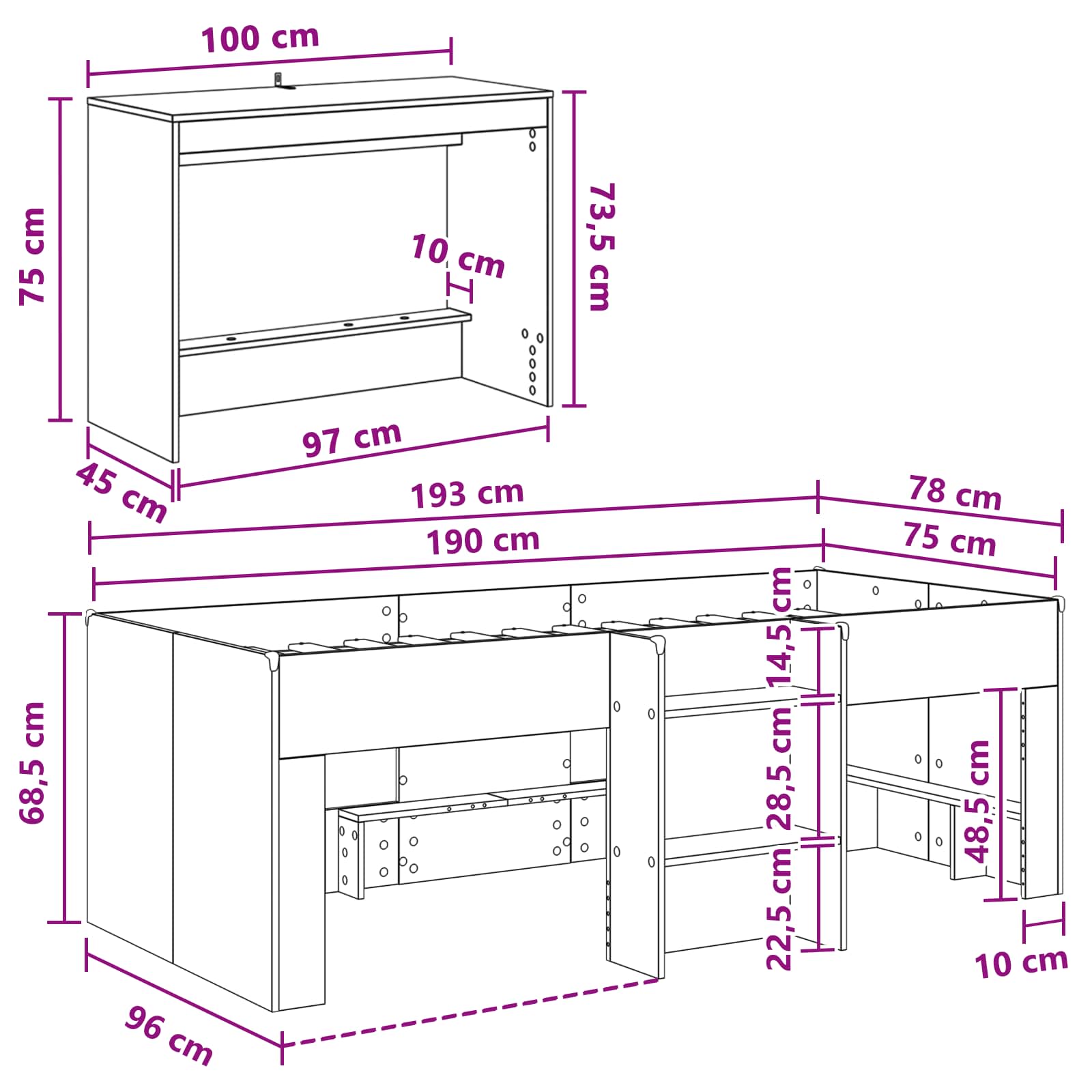 Hoge Bed Frame met Bureau voor Kinderen Betongrijs 75 x 190 cm – afbeelding 7