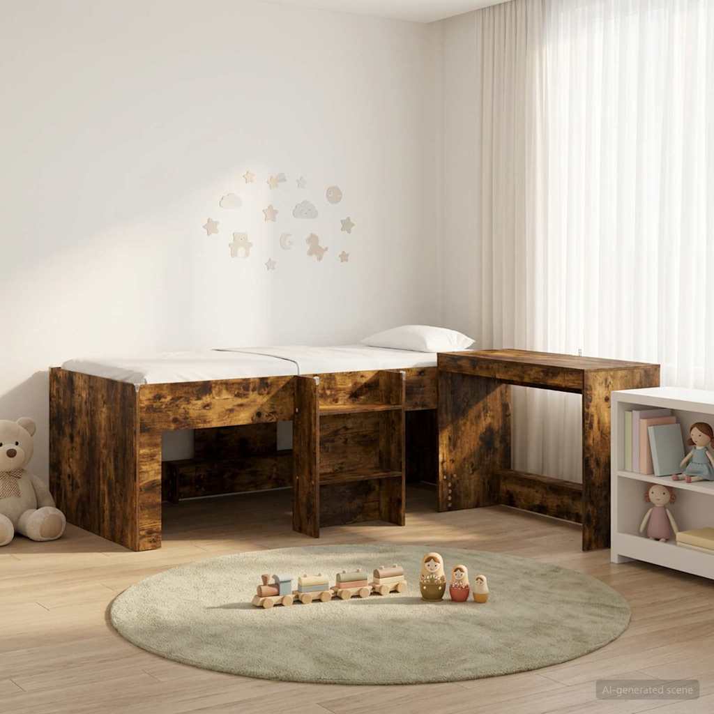 Hoge Bed Frame met Bureau voor Kinderen 2 st Gerookt eiken – afbeelding 1