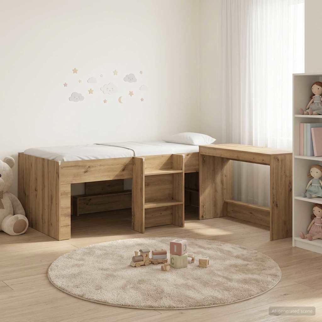Hoge Bed Frame met Bureau voor Kinderen 2 st Artisanaal eiken – afbeelding 1