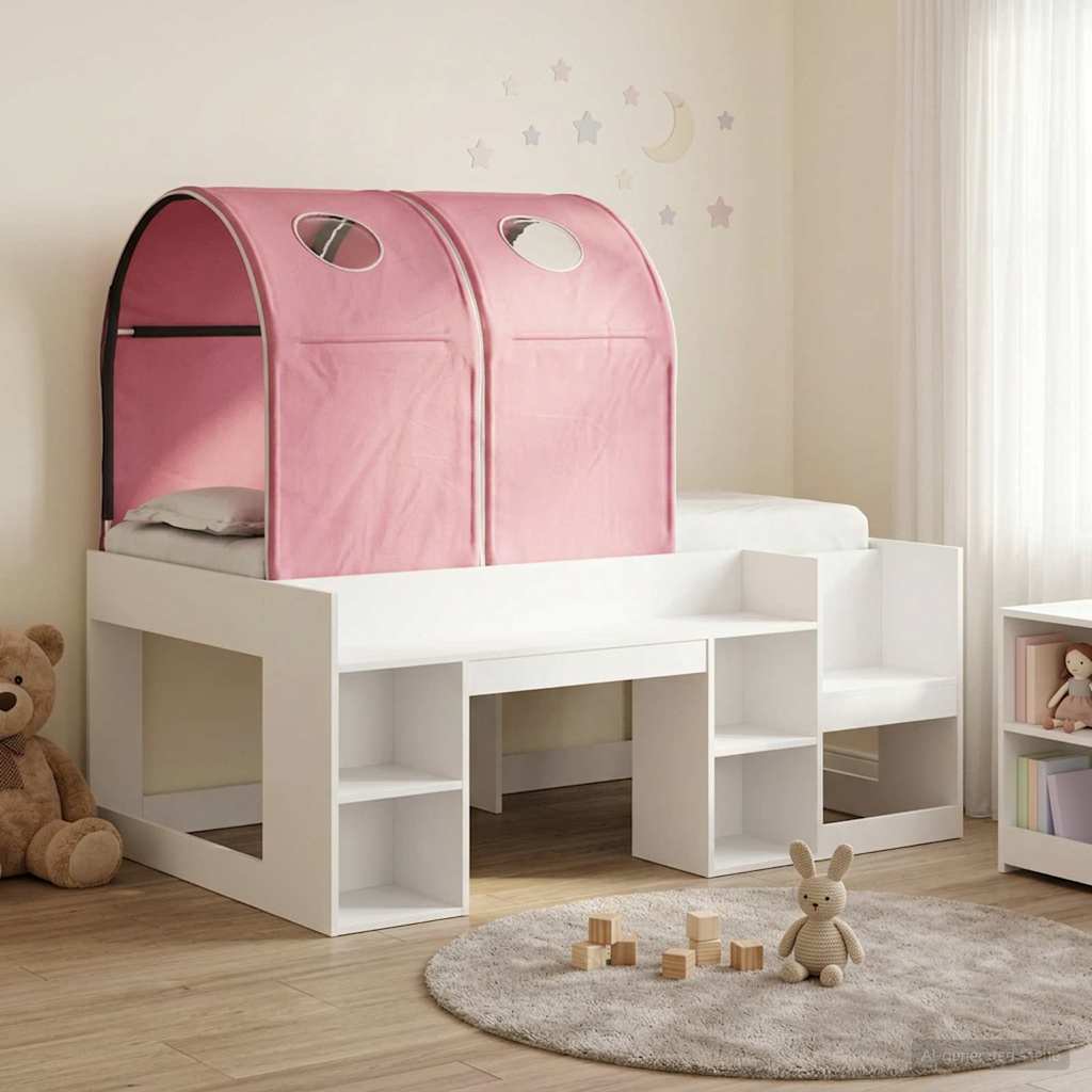 Bed met Tunnel met plank 3 st Wit en Roze Bewerkt hout – afbeelding 1