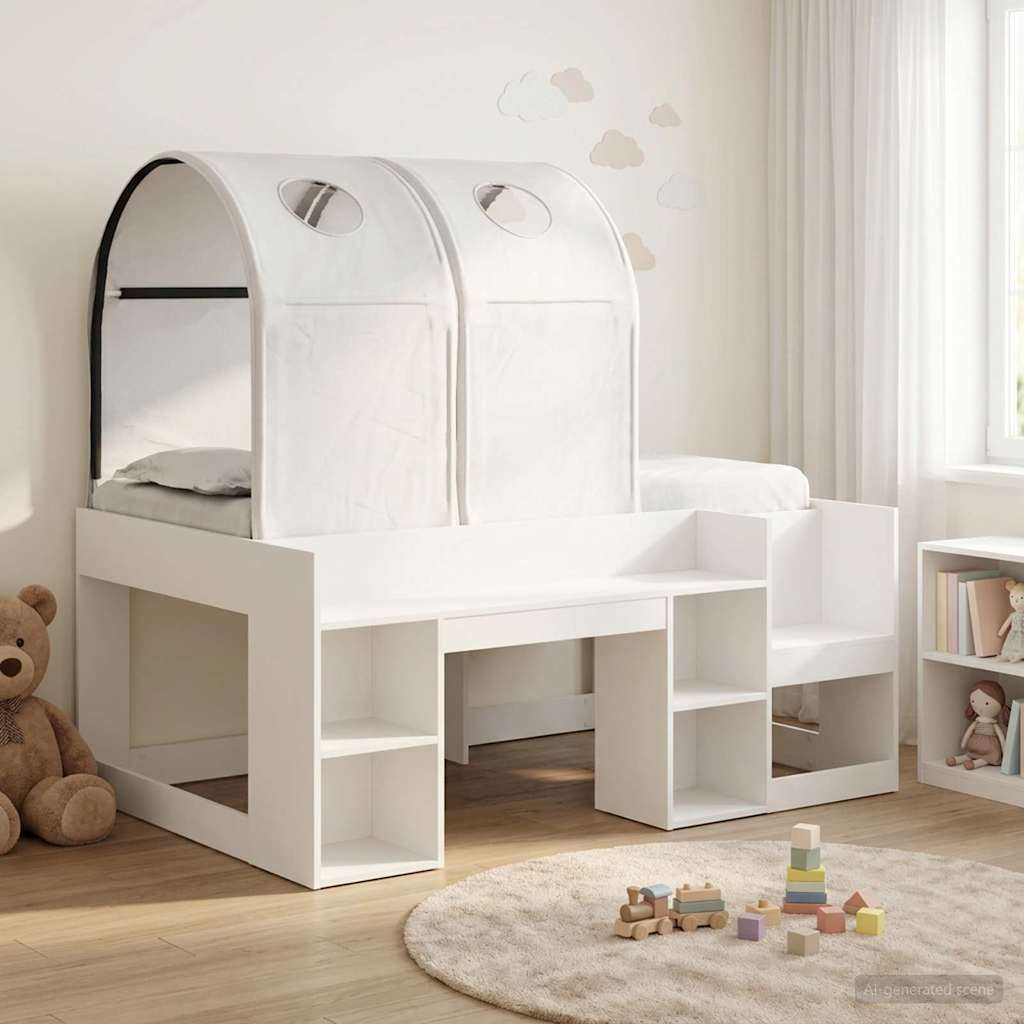 Bed met Tunnel met plank met opslag 3 st Wit Bewerkt hout – afbeelding 1