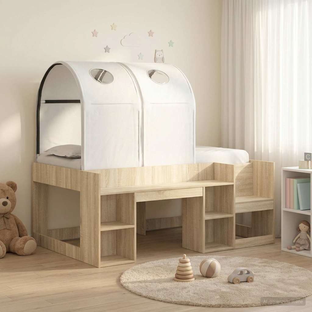 Bed met Tunnel met plank 3 st Sonoma eiken en wit Bewerkt hout – afbeelding 1