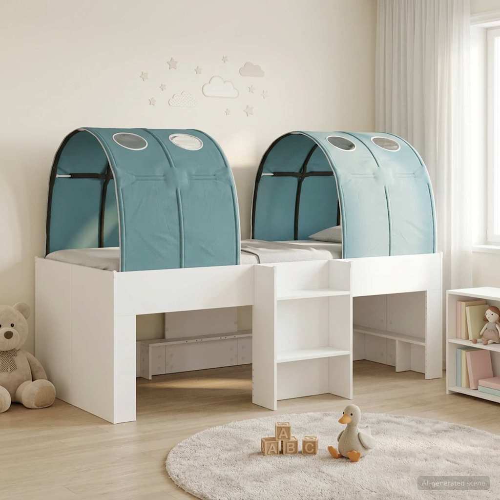 Hoge Bed Frame voor Kids met Tunnel 3 st Wit en Lichtblauw – afbeelding 1